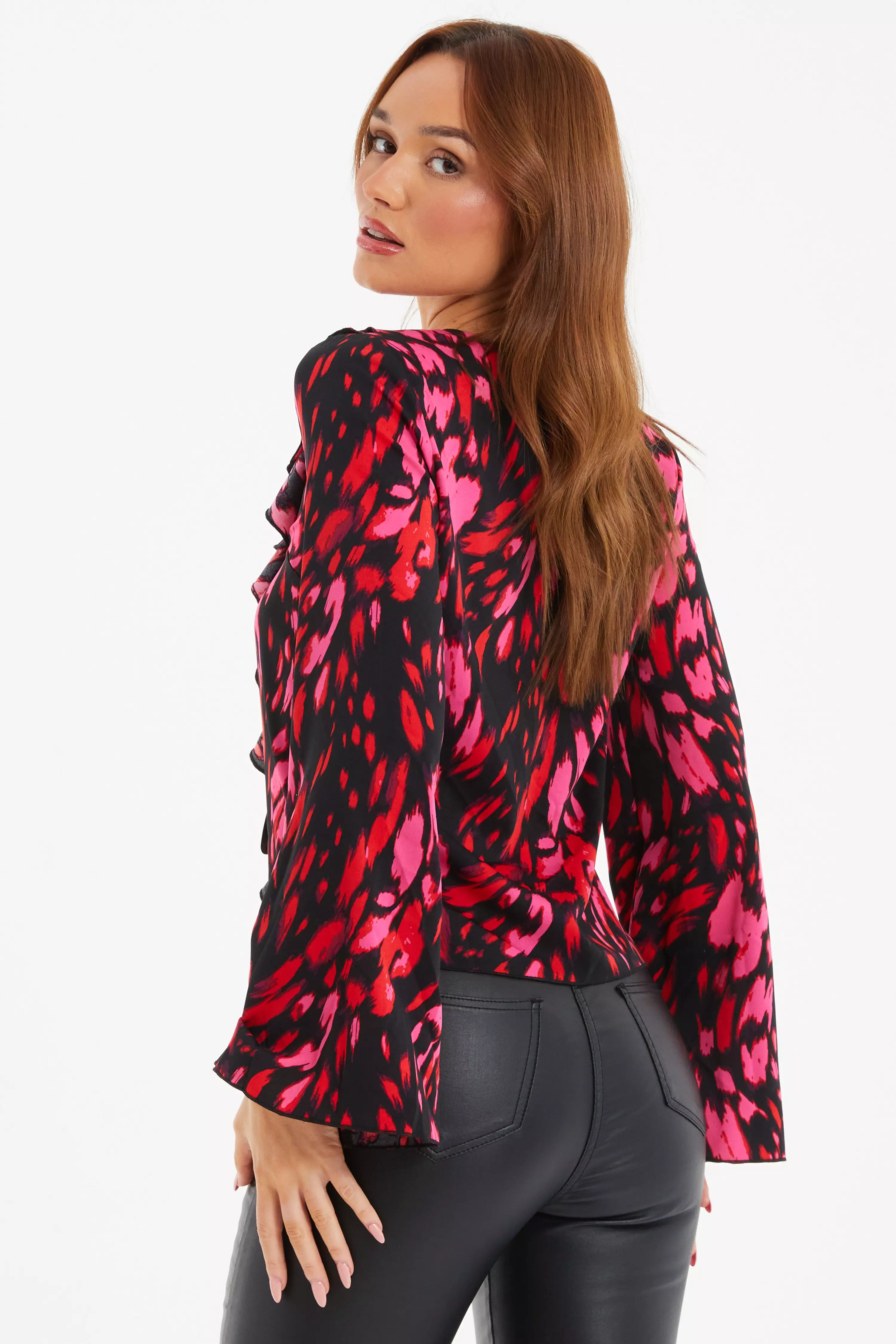 Black Animal Print Tie Blouse