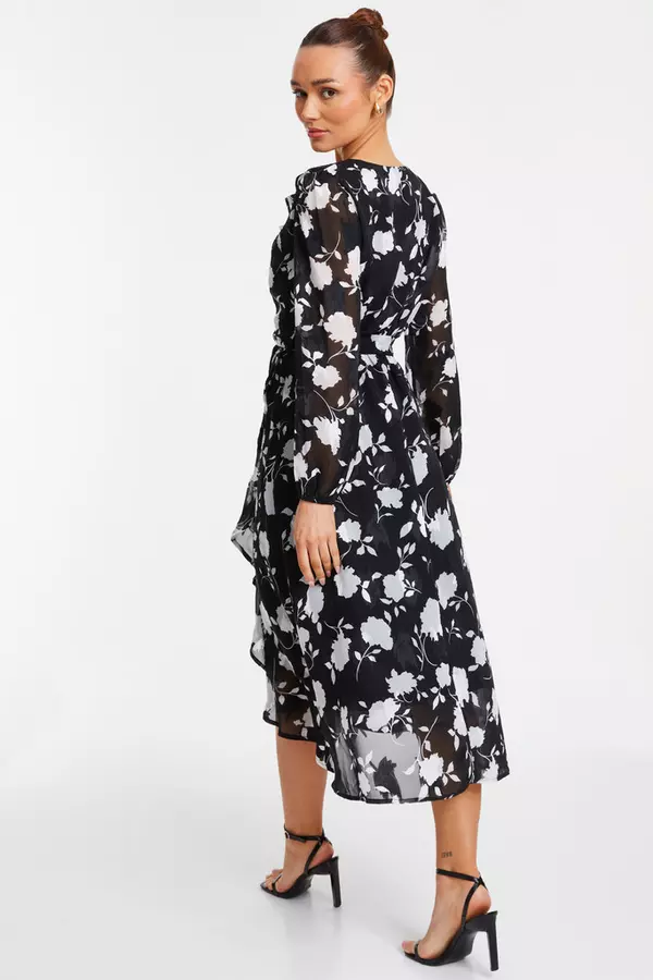 Black Floral Frill Wrap Midi Dress