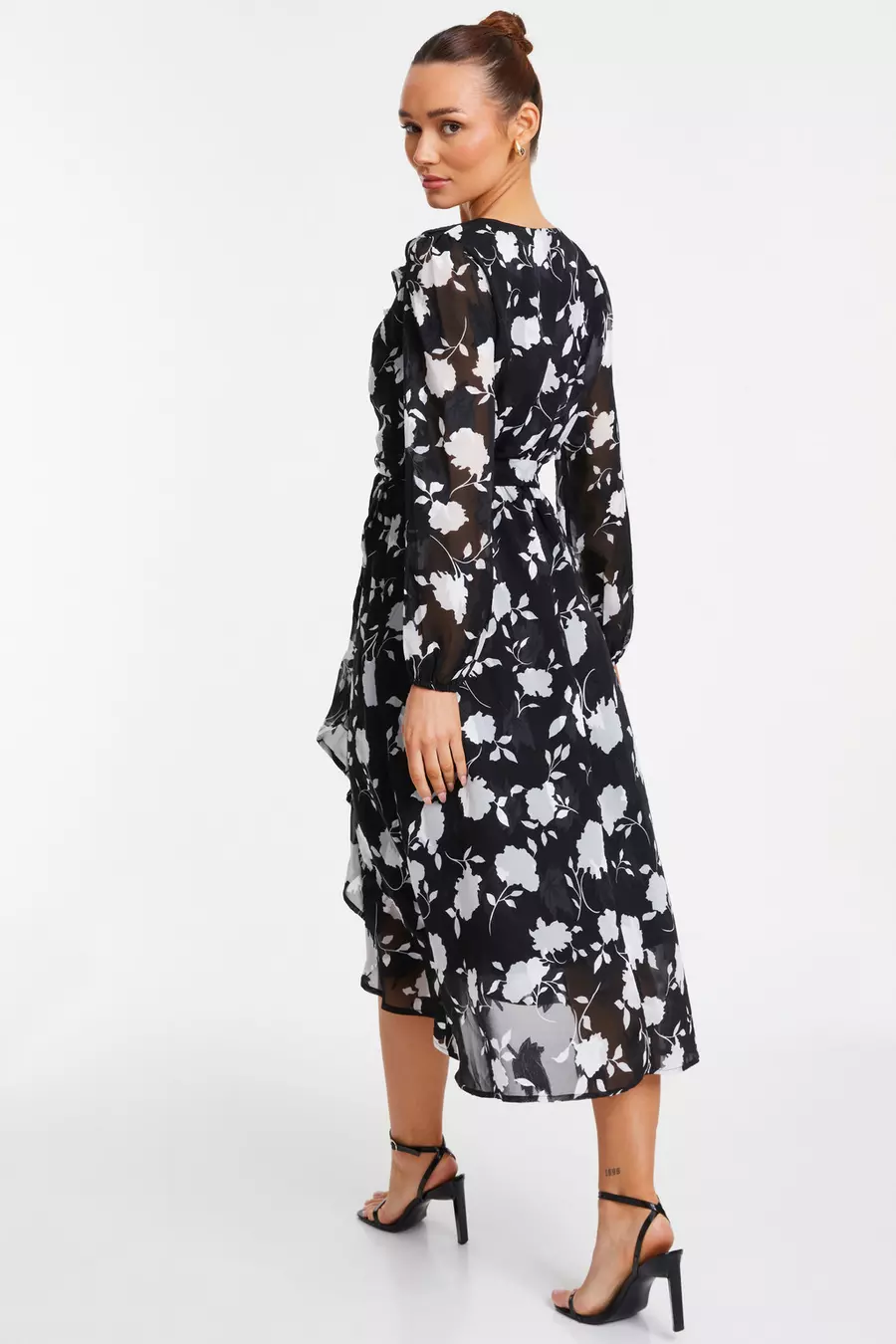 Black Floral Frill Wrap Midi Dress QUIZ Clothing