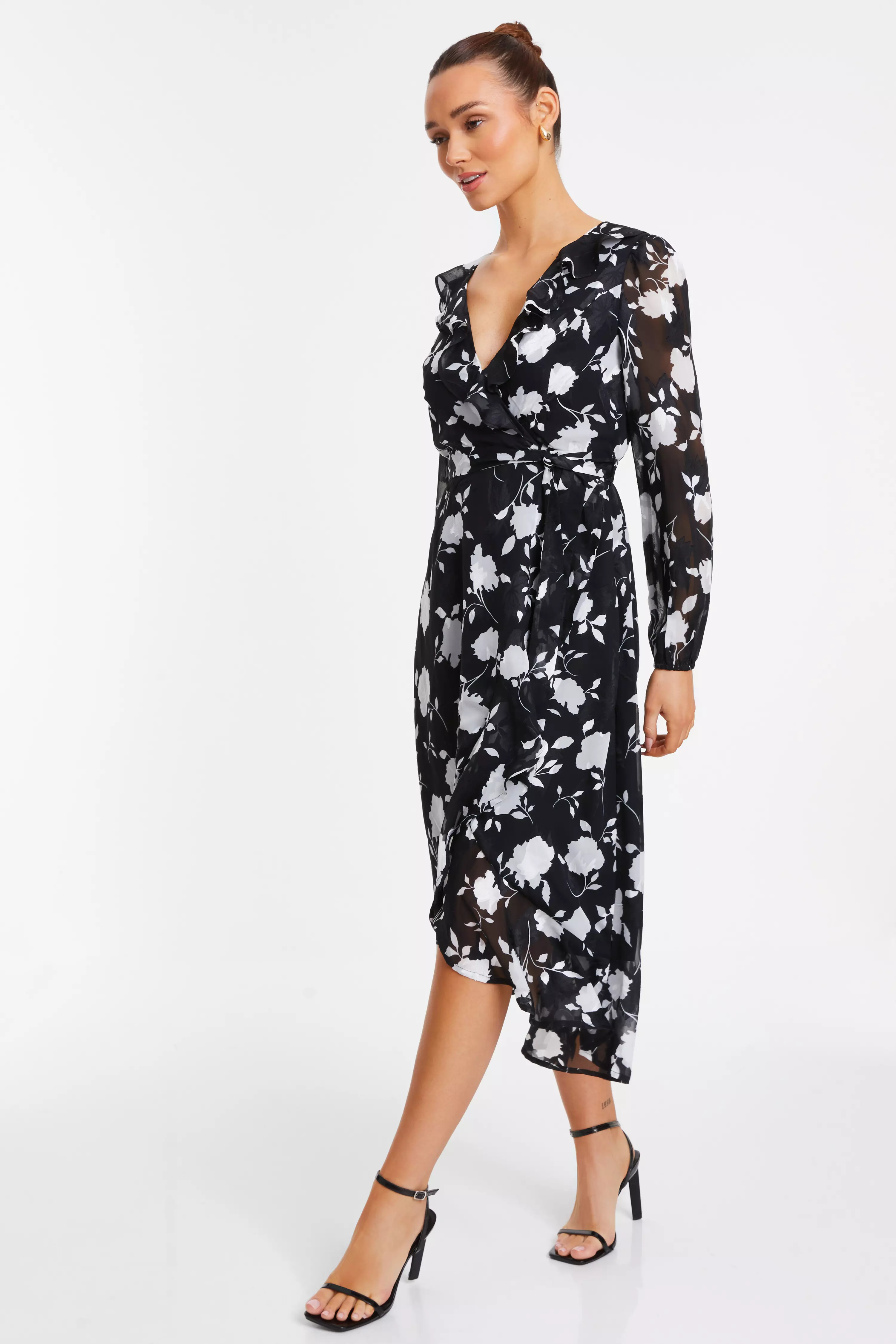 Black Floral Frill Wrap Midi Dress