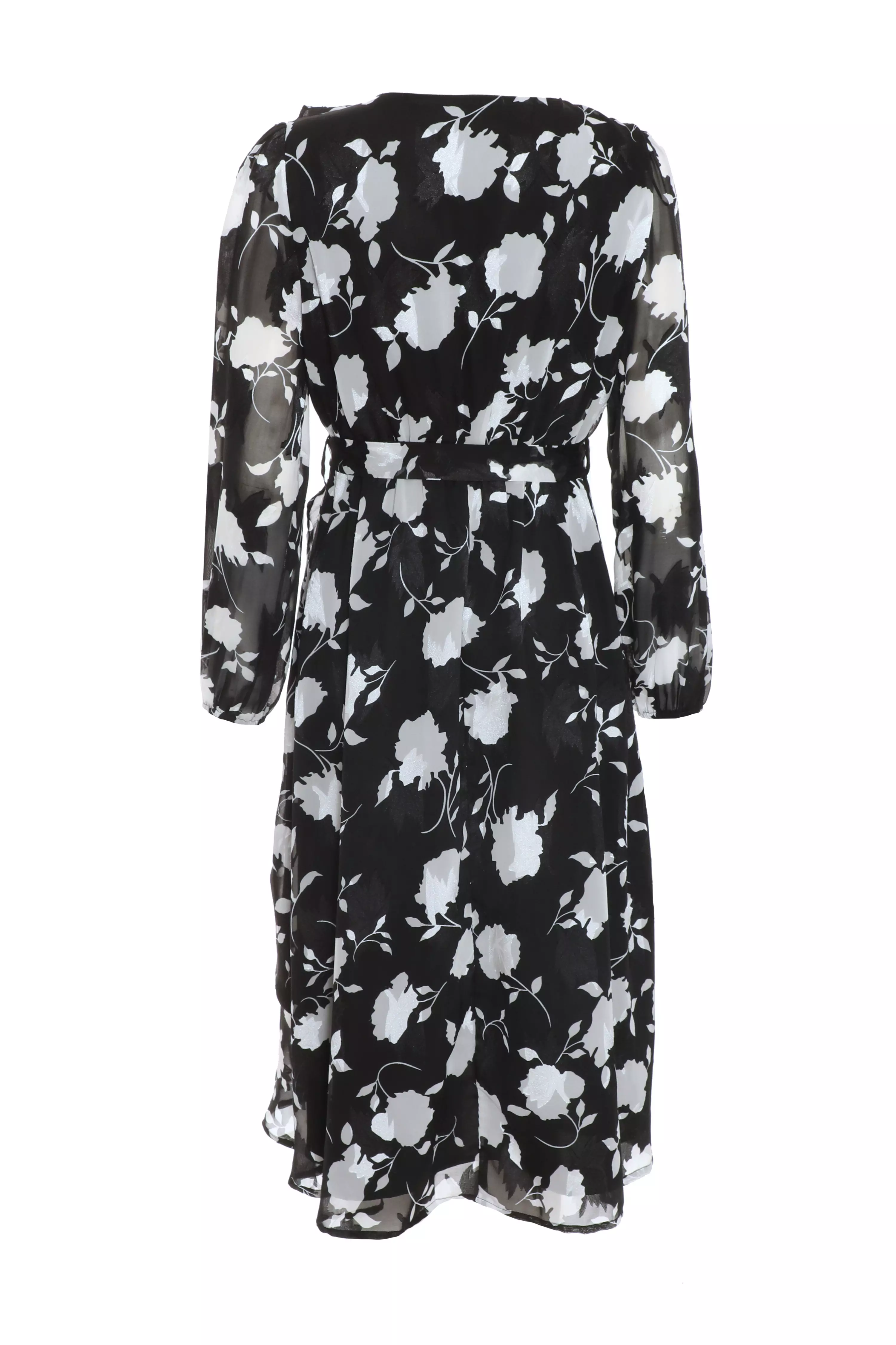 Black Floral Frill Wrap Midi Dress