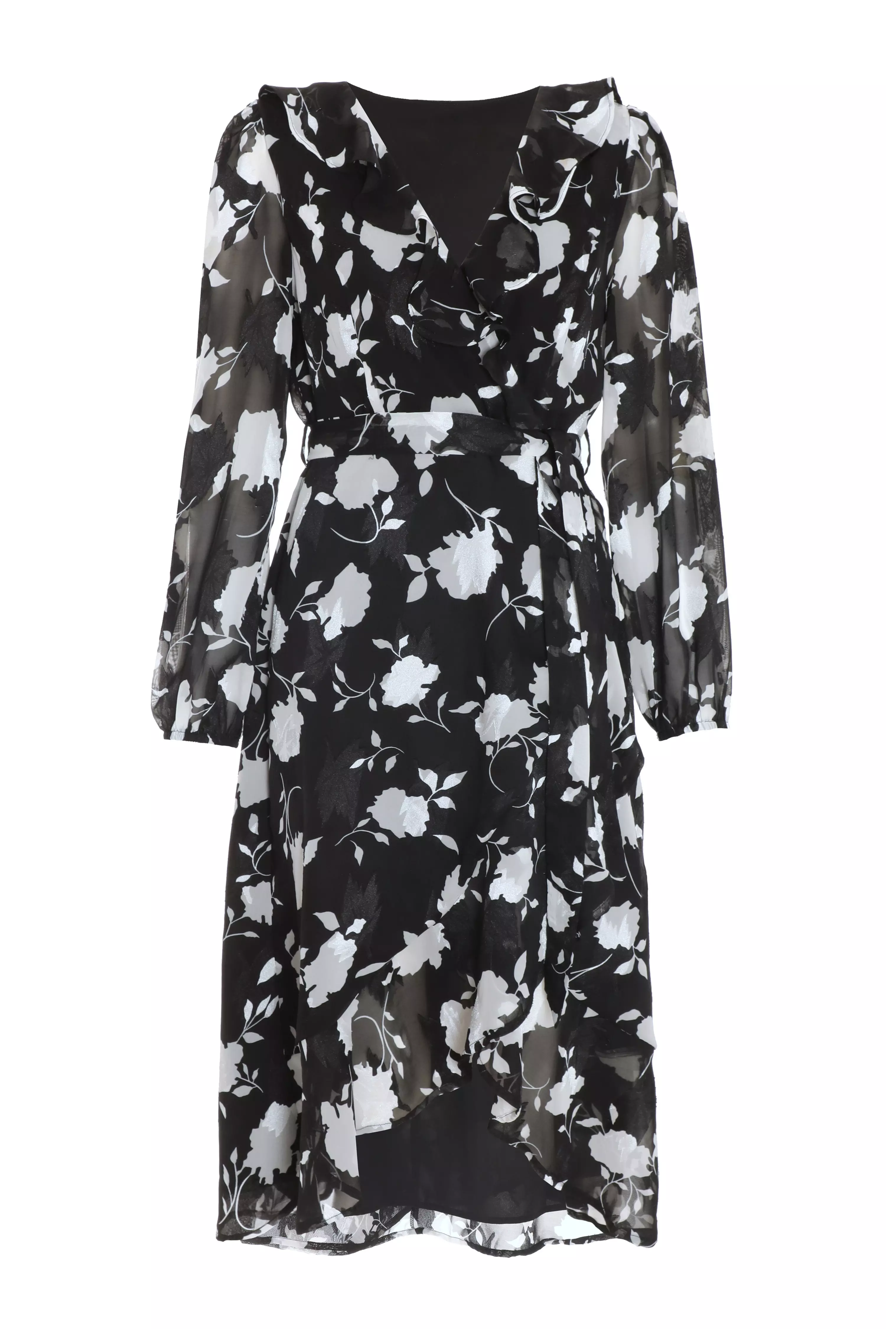 Black Floral Frill Wrap Midi Dress