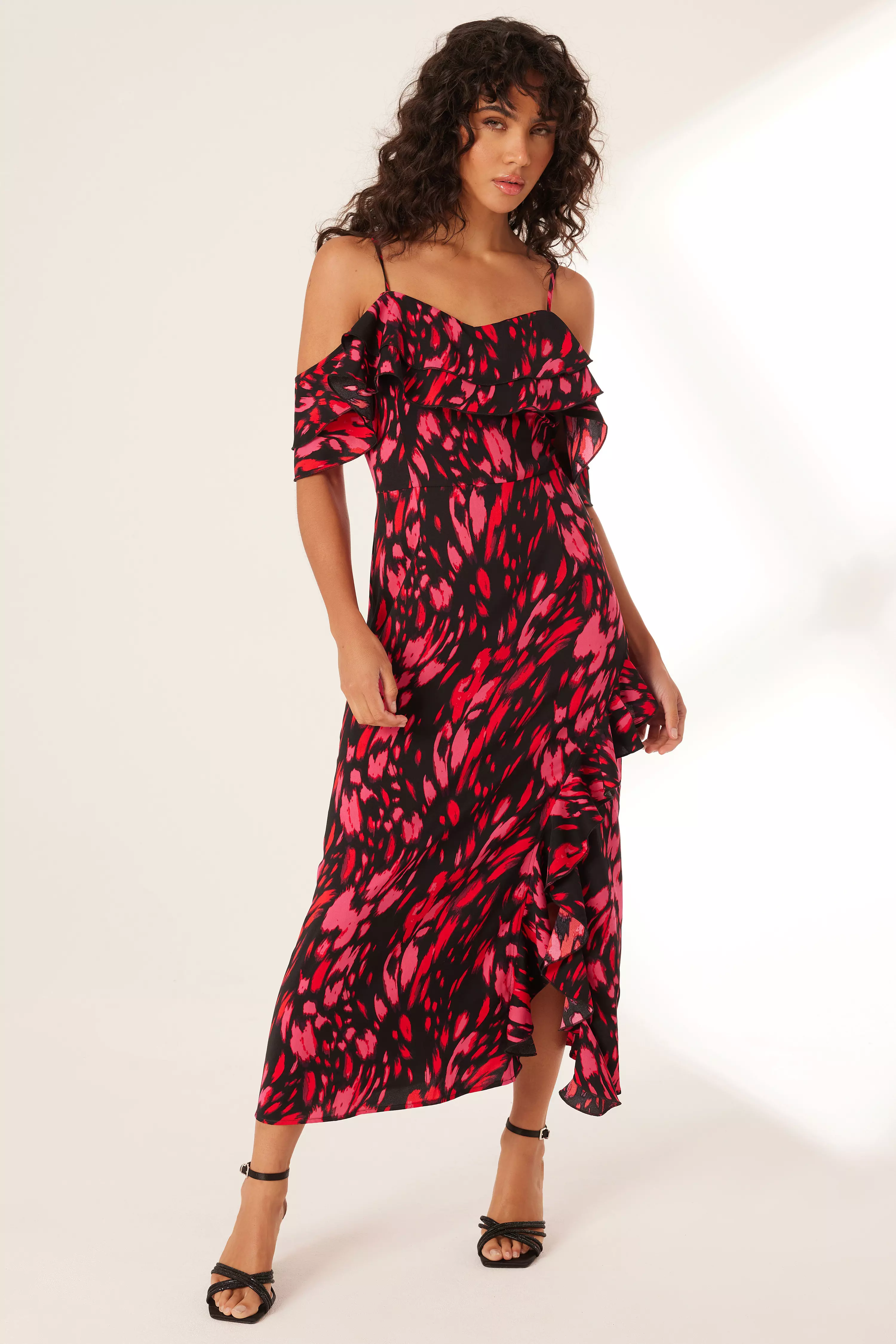 Black Animal Print Drop Shoulder Midi Dress