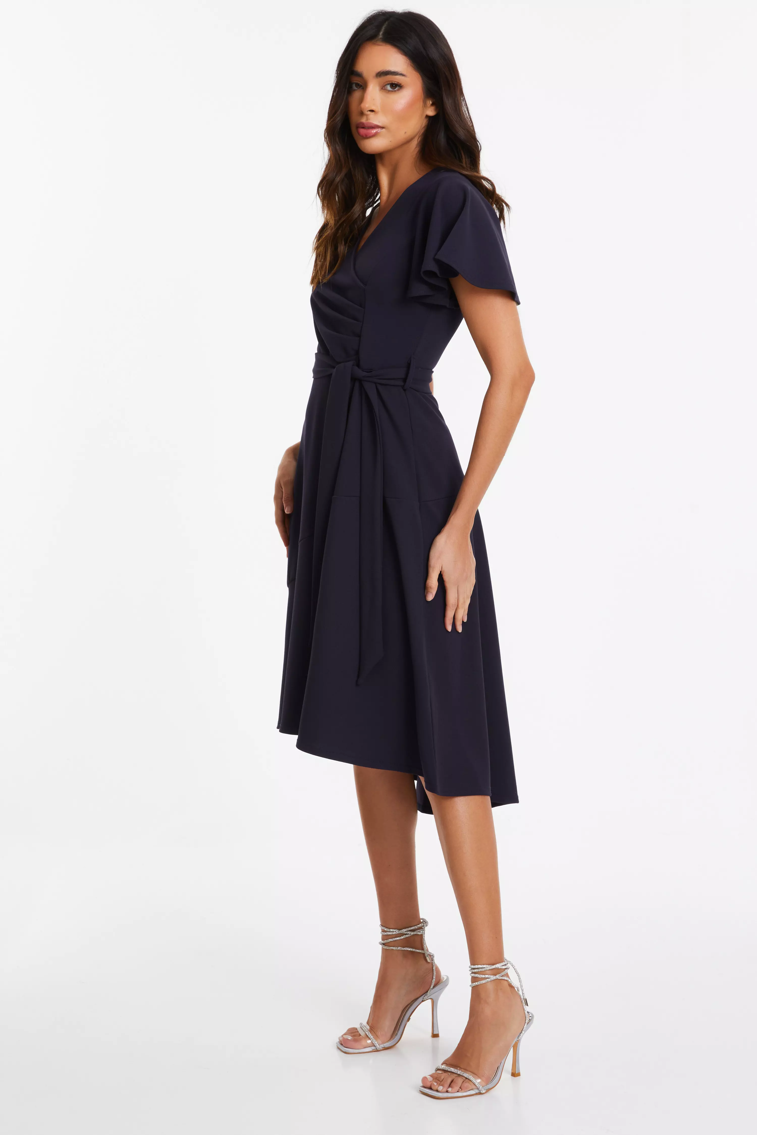 Navy Frill Sleeve Wrap Midi Dress