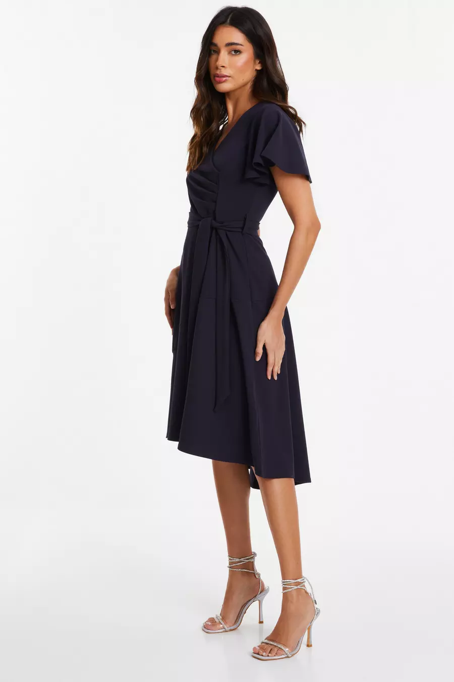 Navy Frill Sleeve Wrap Midi Dress QUIZ Clothing