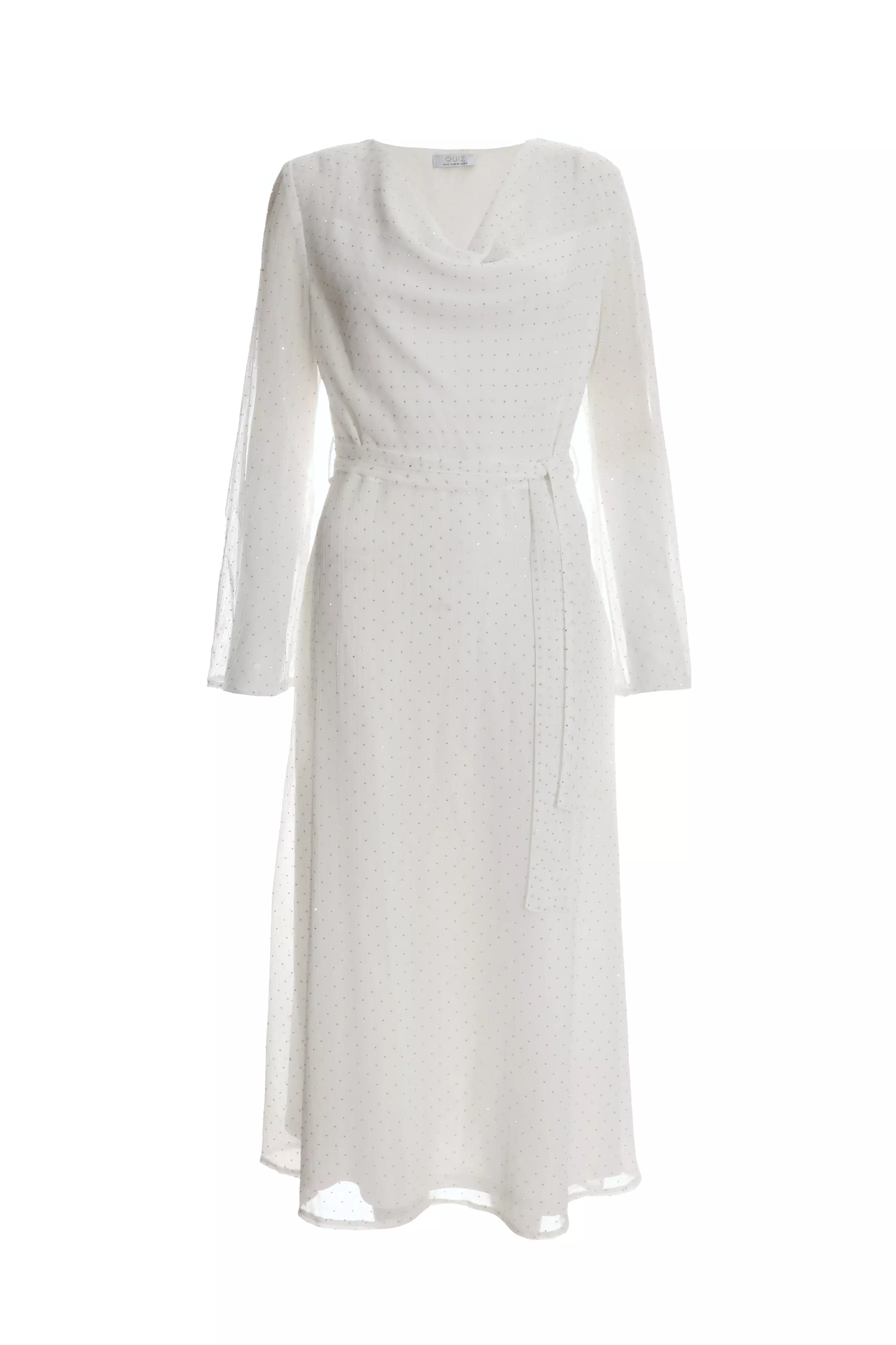 White Chiffon Polka Dot Cowl Neck Midi Dress