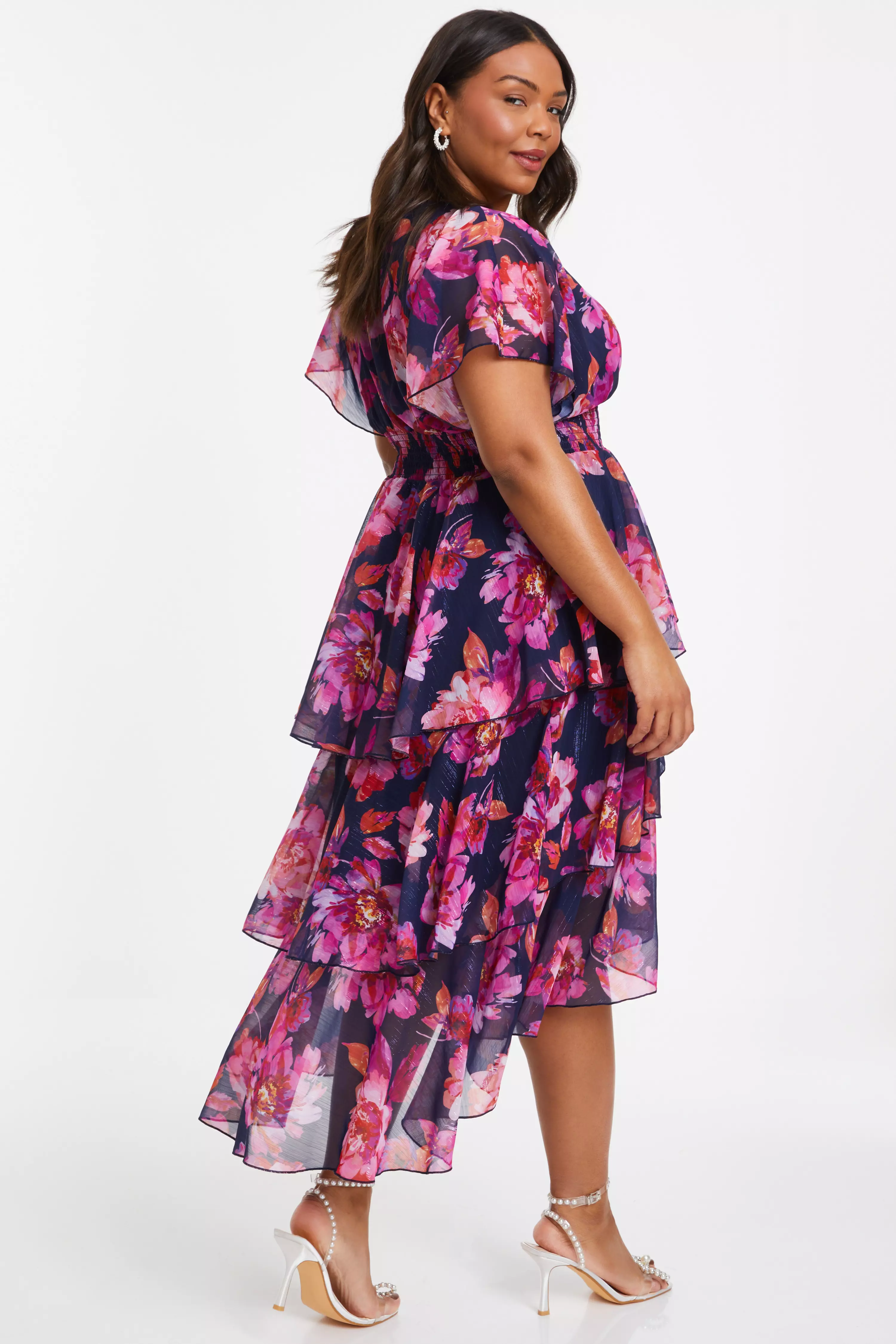 Curve Pink Floral Dip Hem Tiered Midi Dress