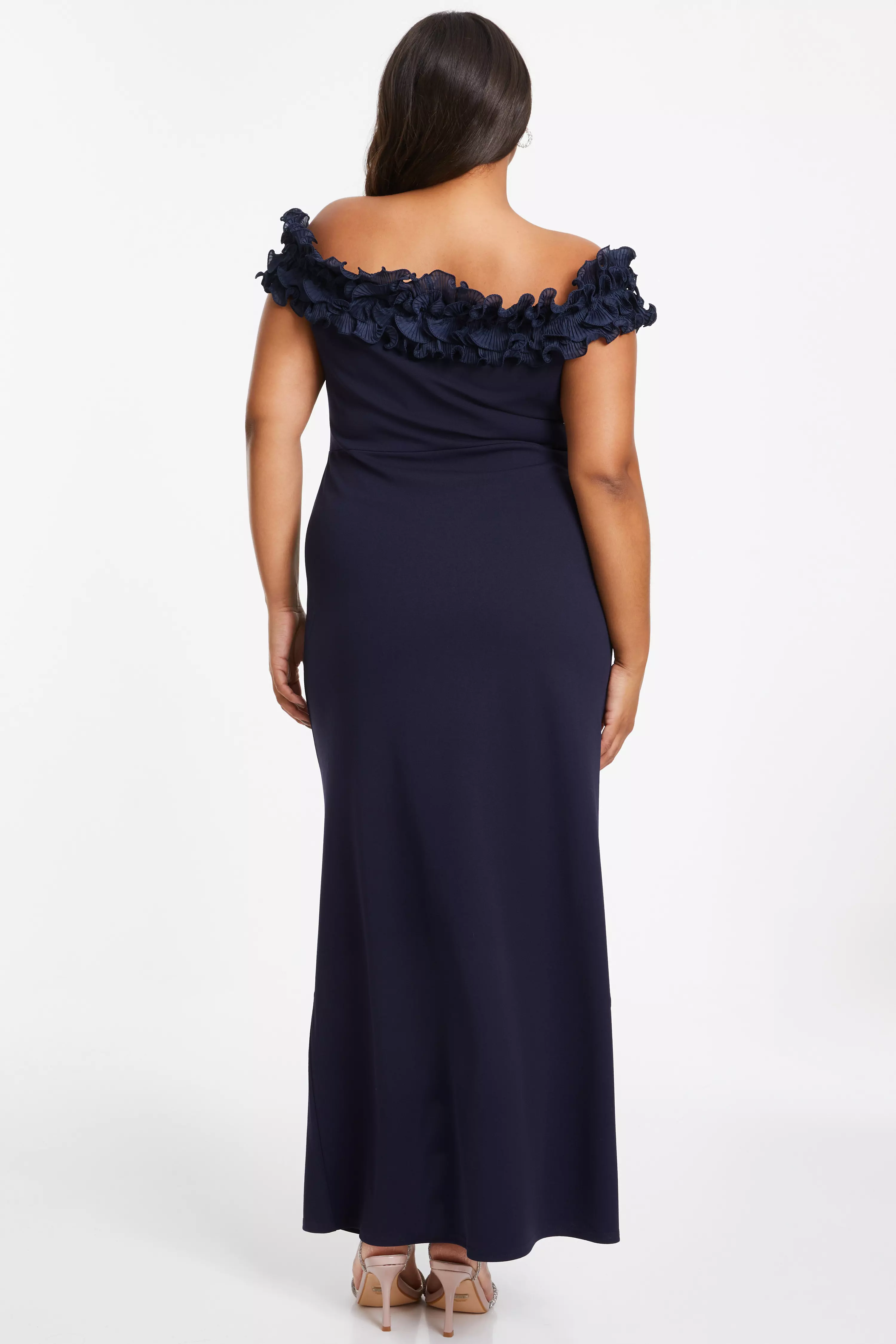 Curve Navy Ruffle Bardot Maxi Dress