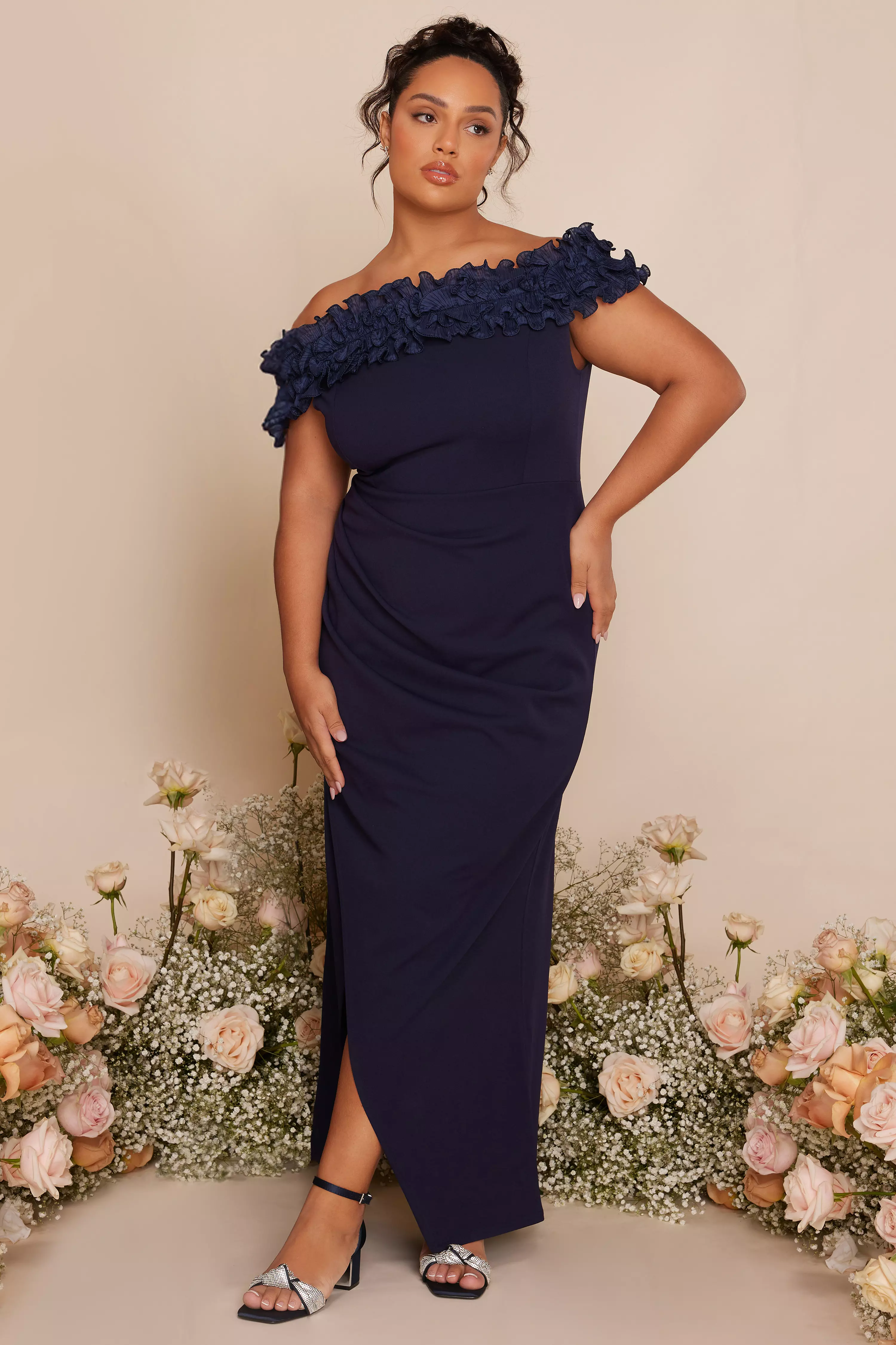 Curve Navy Ruffle Bardot Maxi Dress