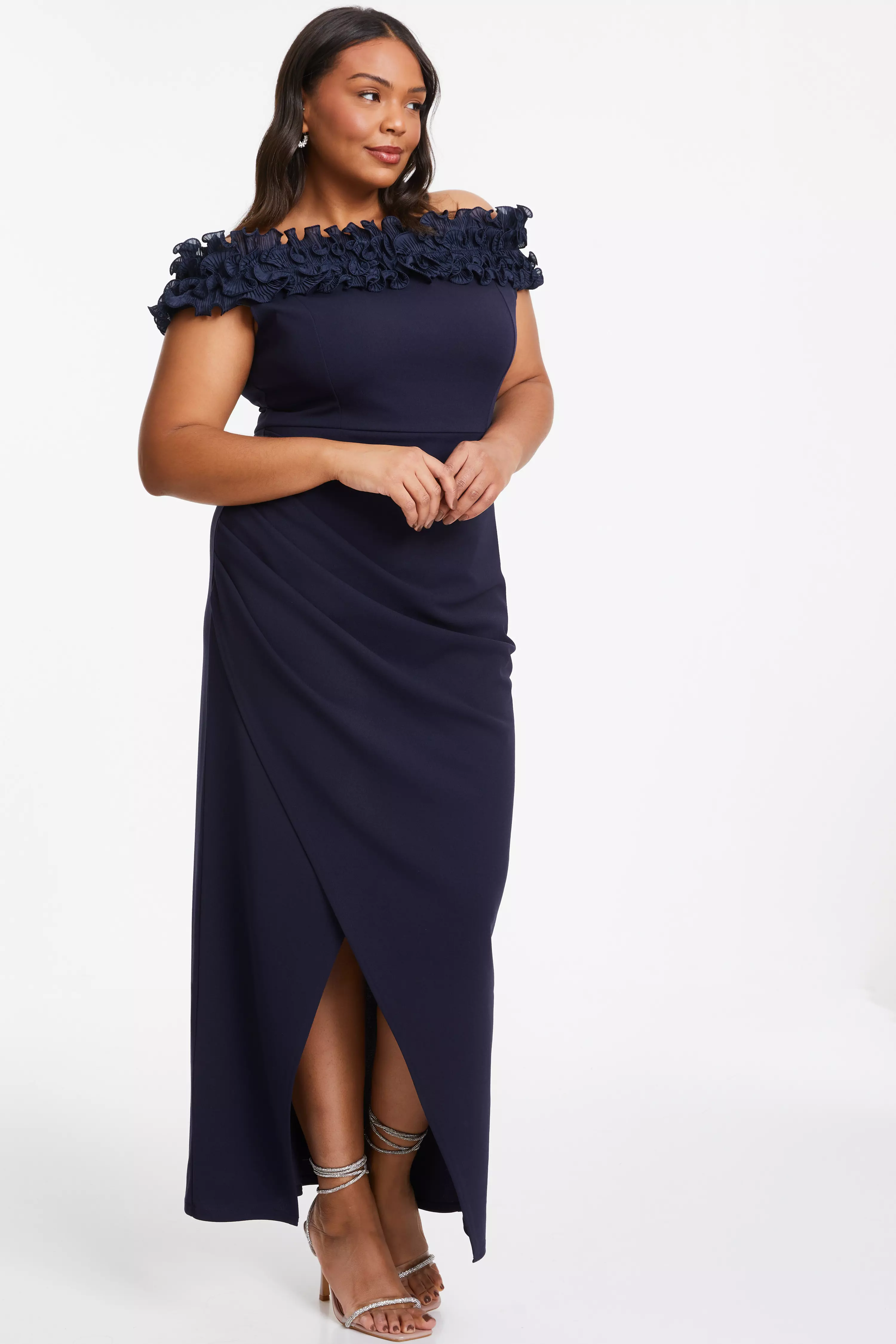 Curve Navy Ruffle Bardot Maxi Dress