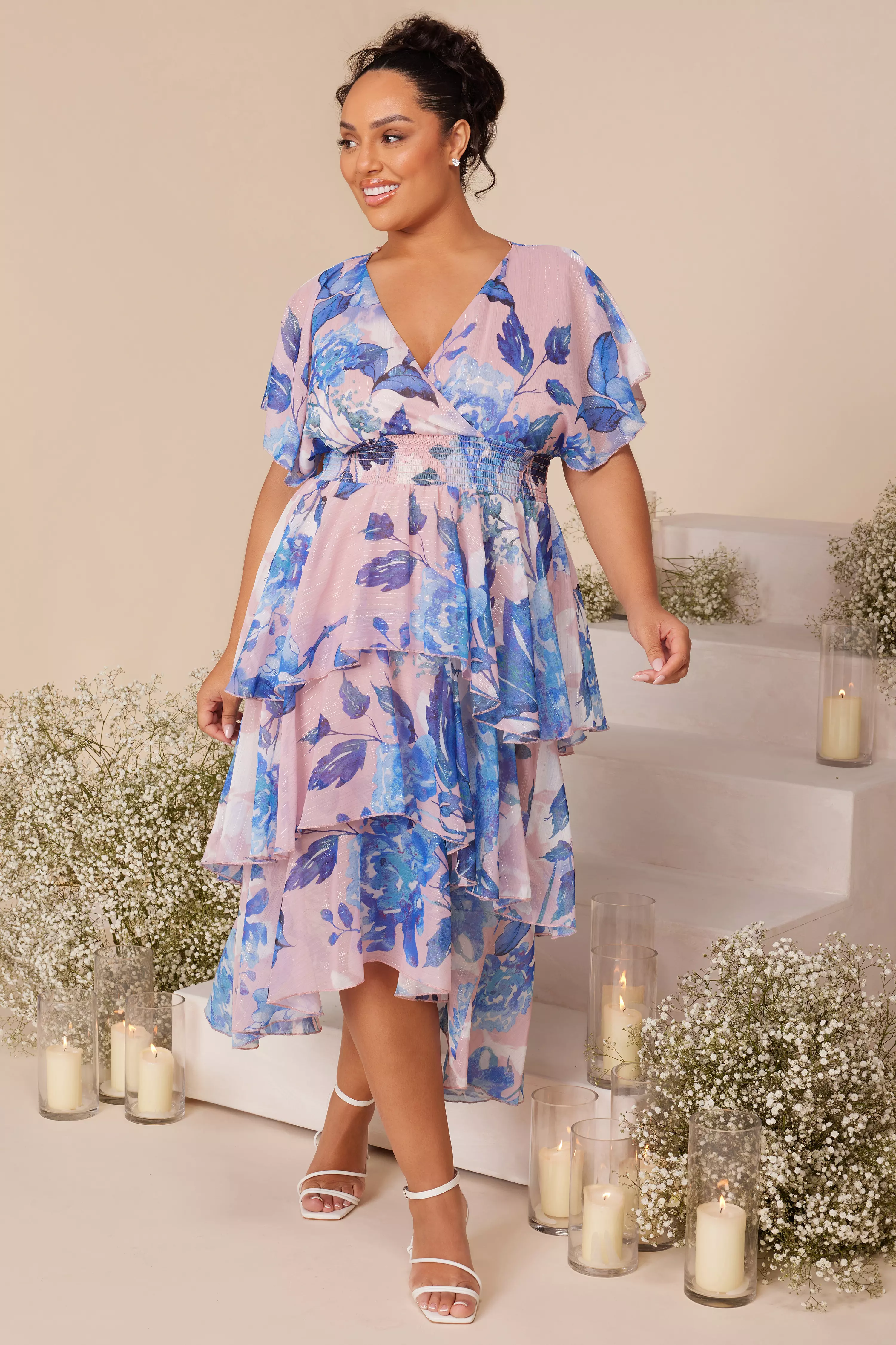 Curve Blue Floral Dip Hem Tiered Midi Dress