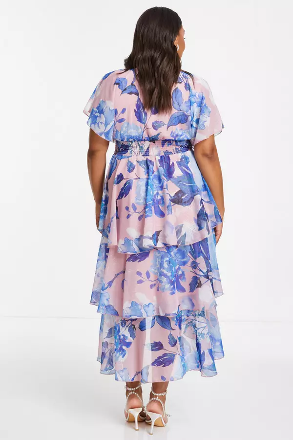 Curve Blue Floral Dip Hem Tiered Midi Dress