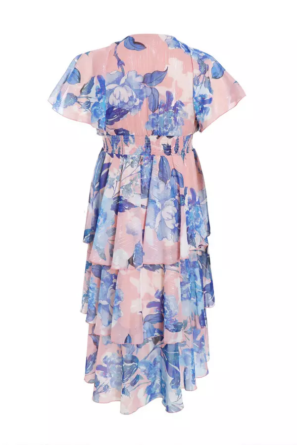Curve Blue Floral Dip Hem Tiered Midi Dress