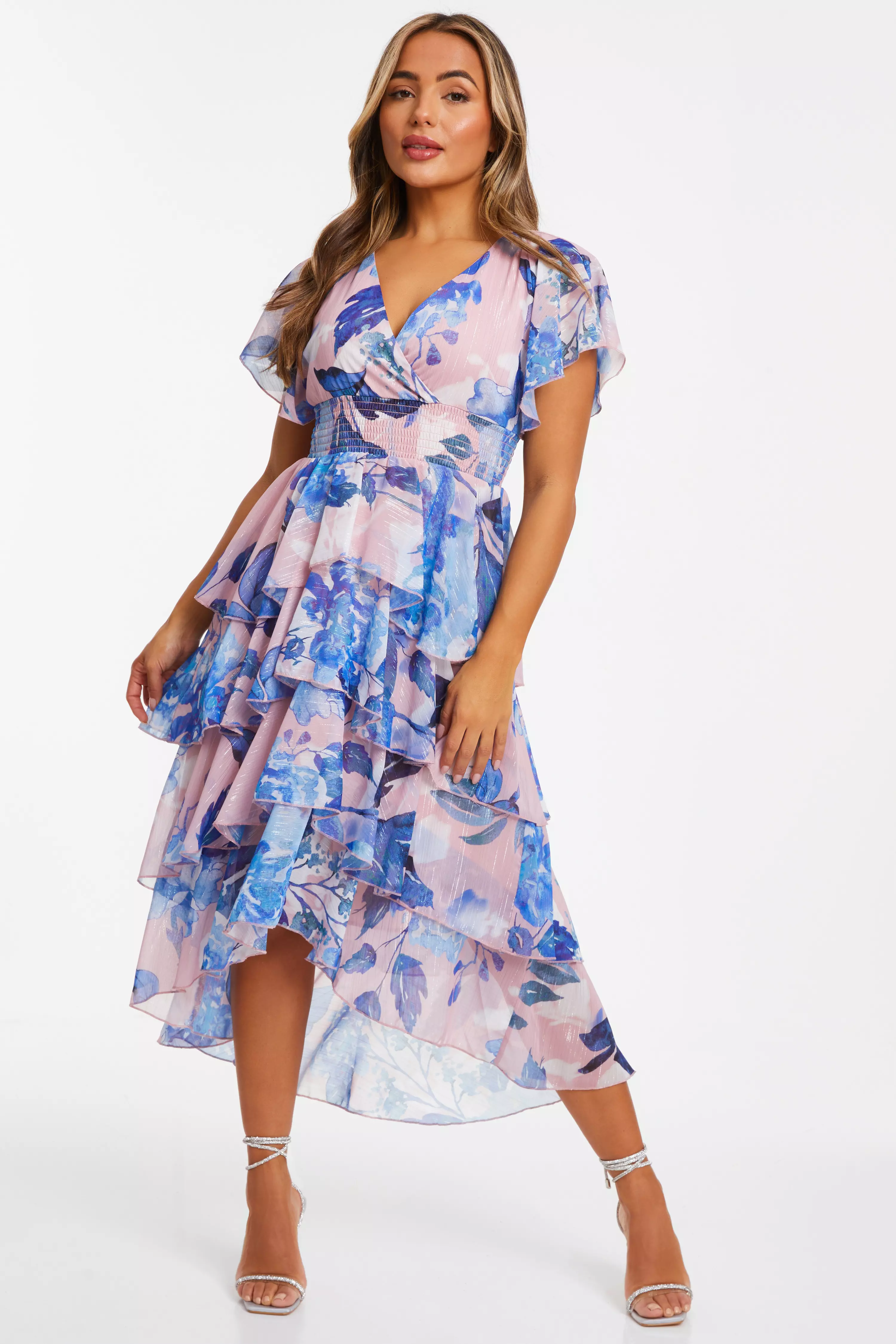 Petite Blue Floral Dip Hem Tiered Midi Dress