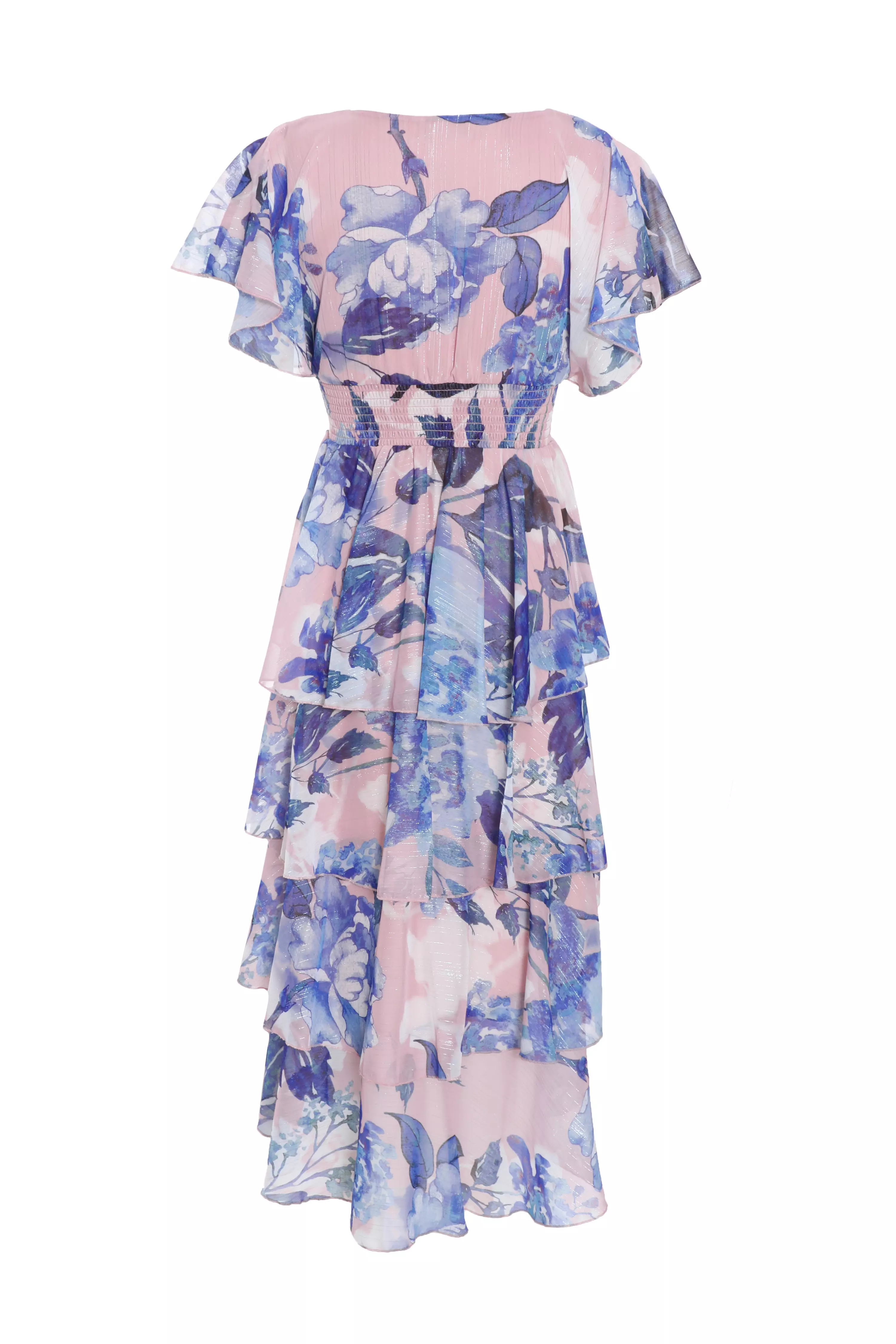 Petite Blue Floral Dip Hem Tiered Midi Dress