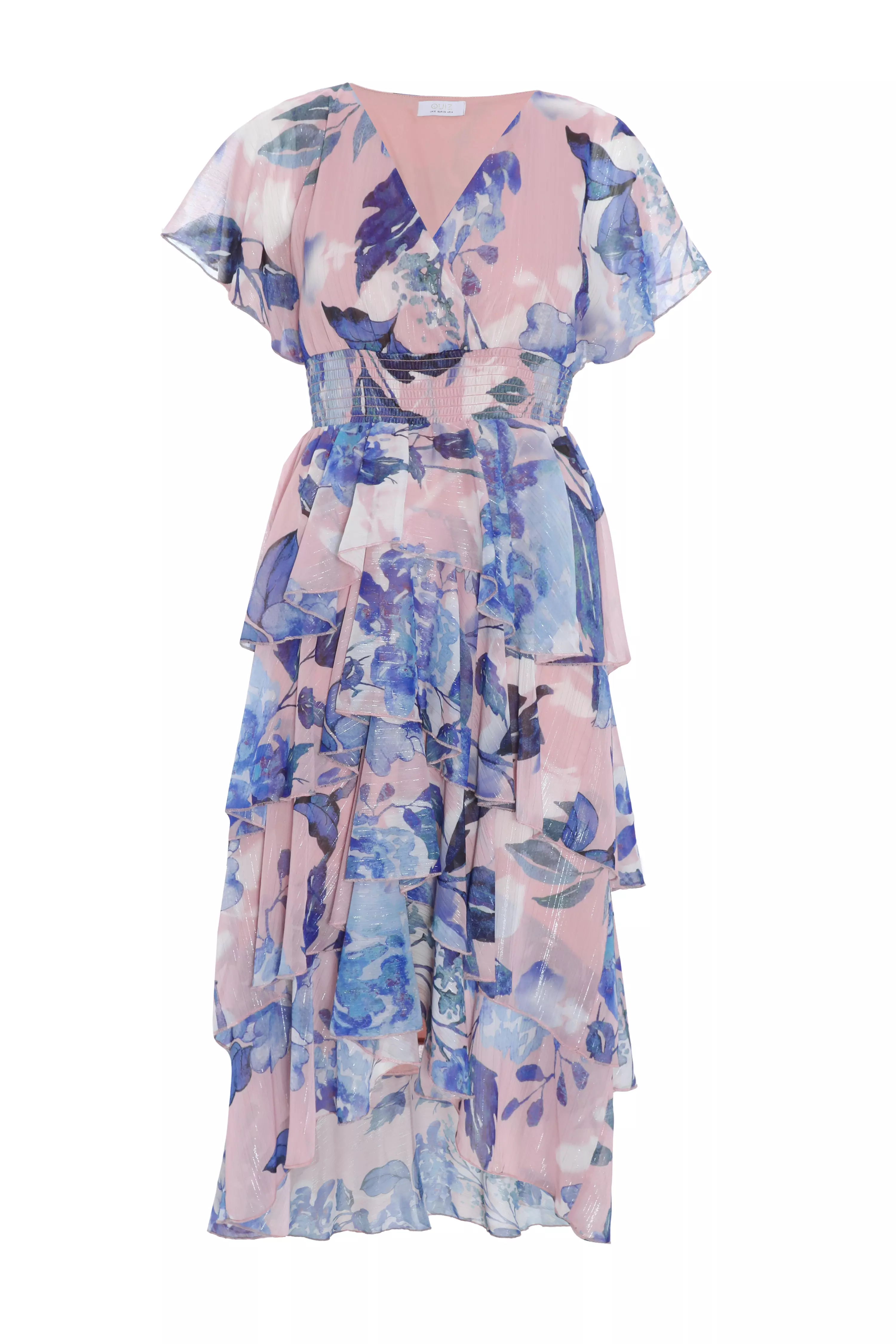 Petite Blue Floral Dip Hem Tiered Midi Dress