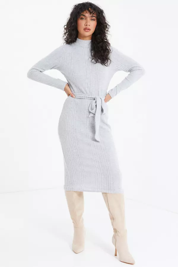 Grey Knitted Long Sleeve Midi Dress