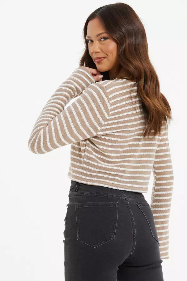 Cream Stripe Long Sleeve Crop Top