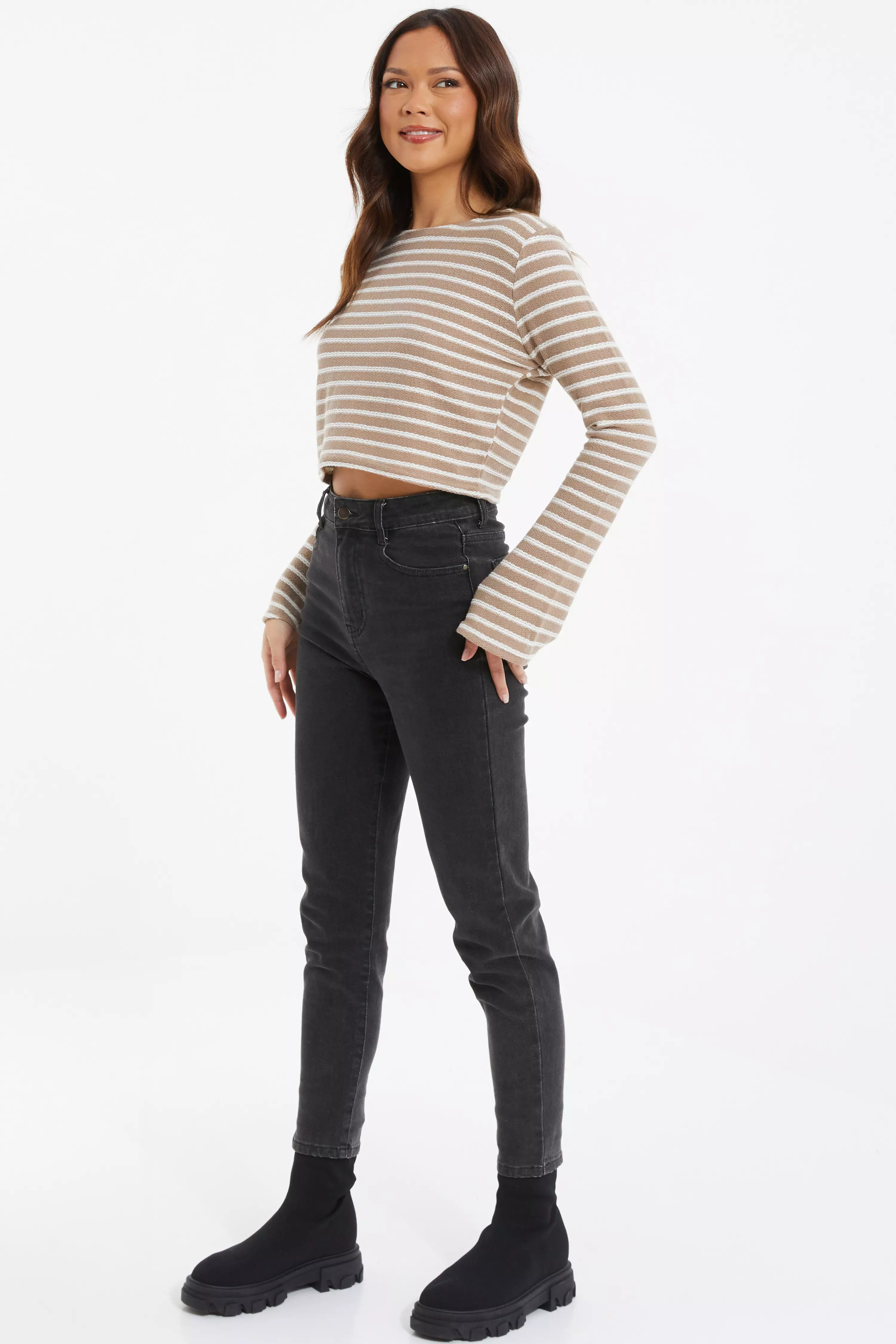 Cream Stripe Long Sleeve Crop Top