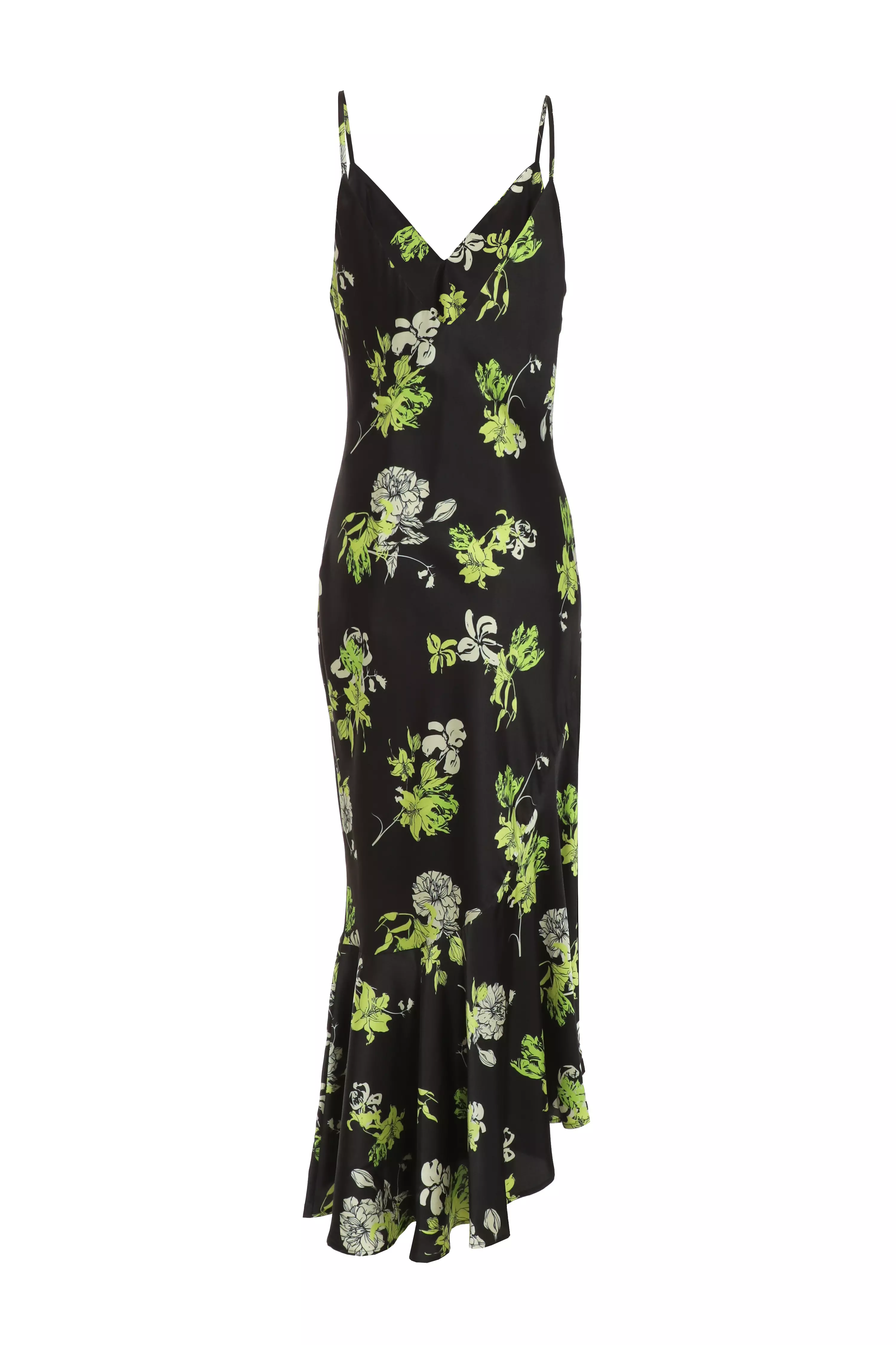 Black Floral Satin Asymmetric Midaxi Dress