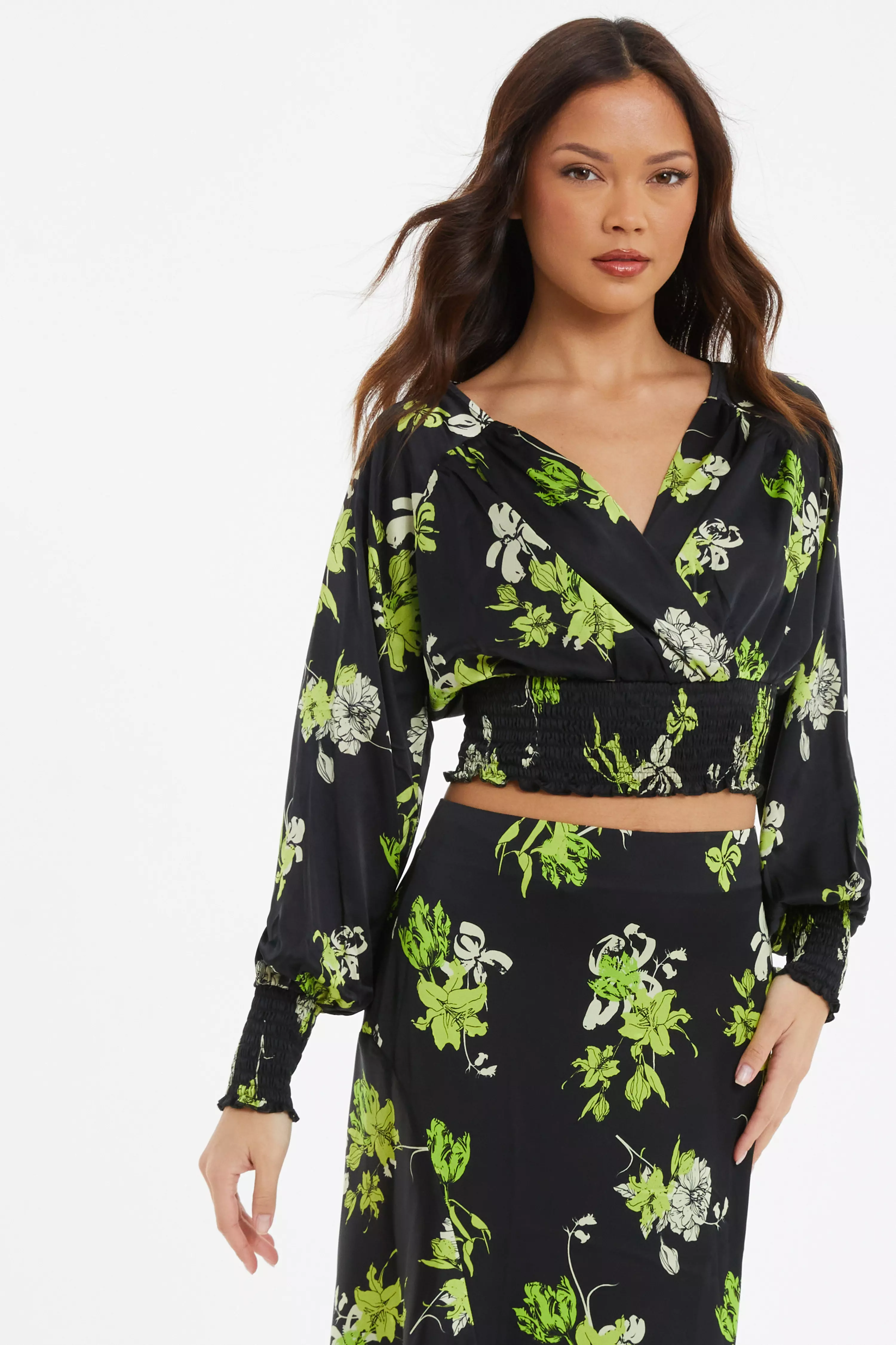 Black Floral Wrap Crop Top