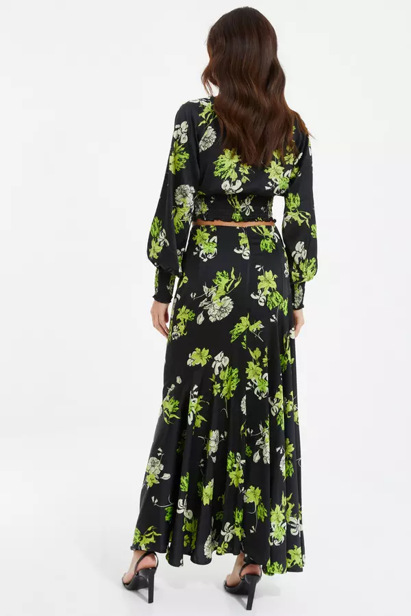 Black Satin Floral Midaxi Skirt