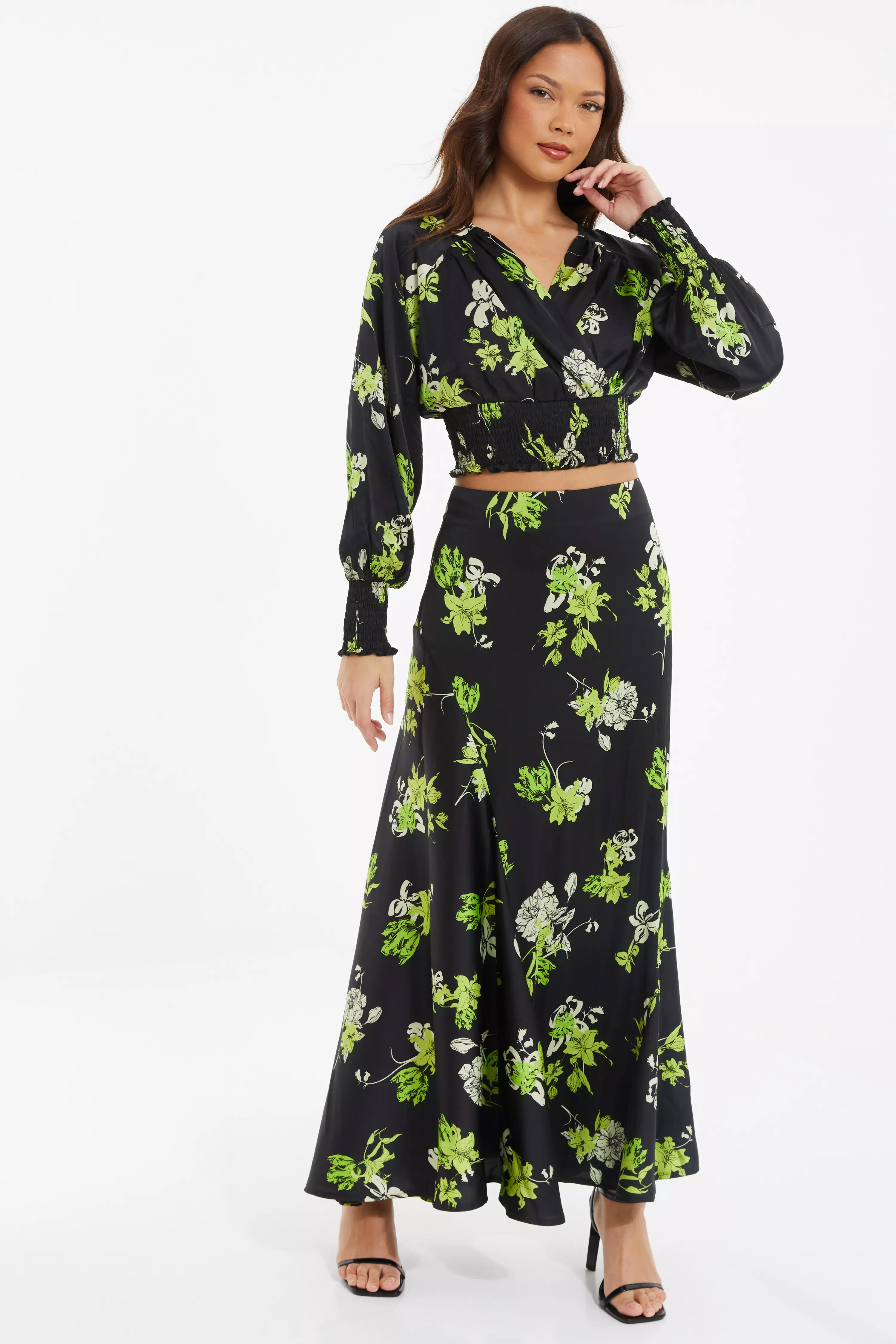 Black Satin Floral Midaxi Skirt