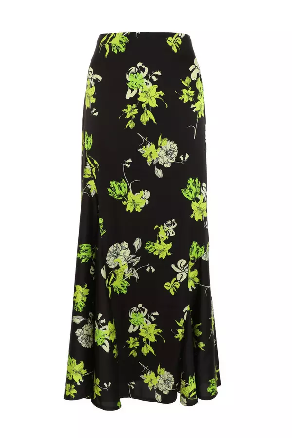 Black Satin Floral Midaxi Skirt