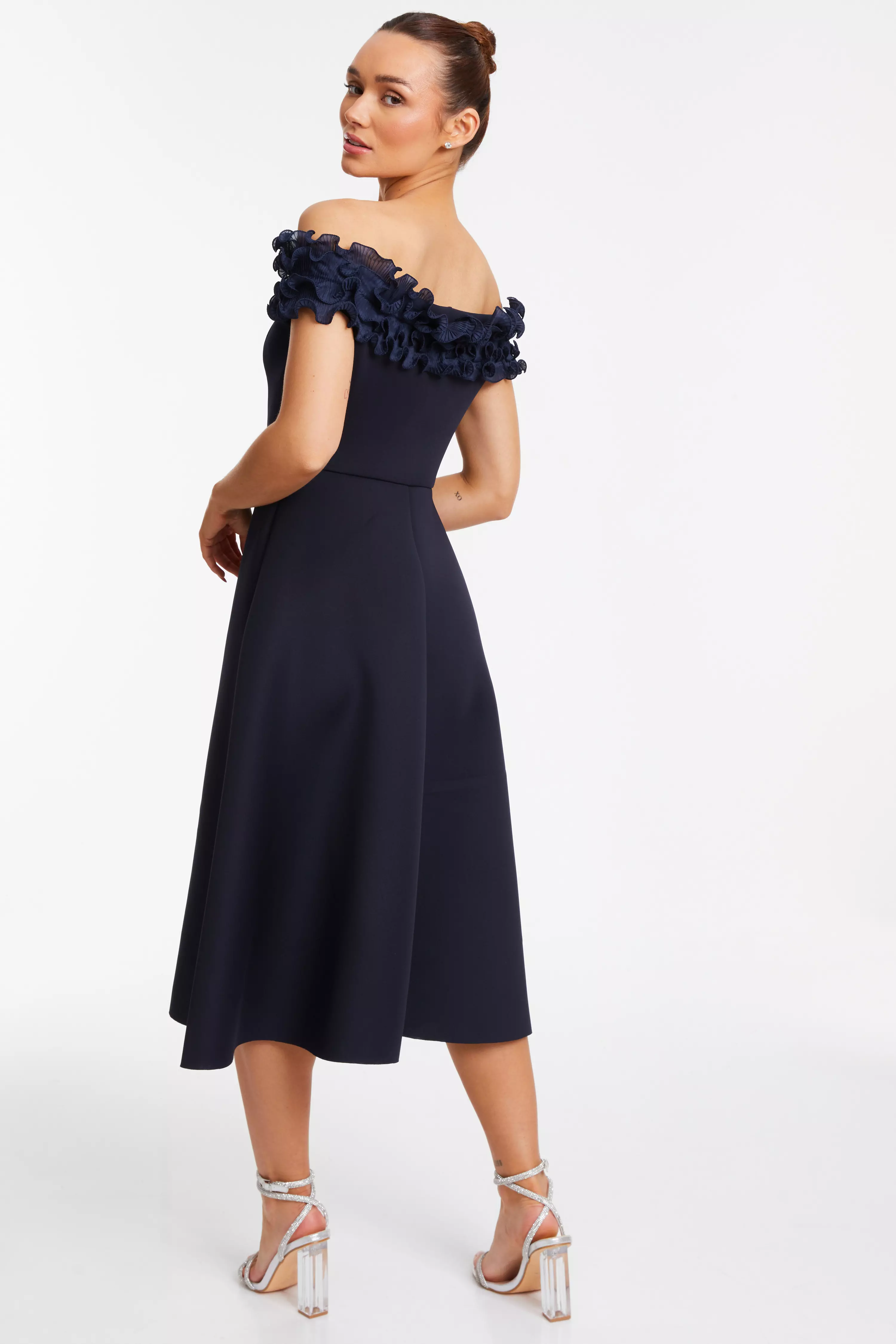 Navy Bardot Ruffle Skater Midi Dress