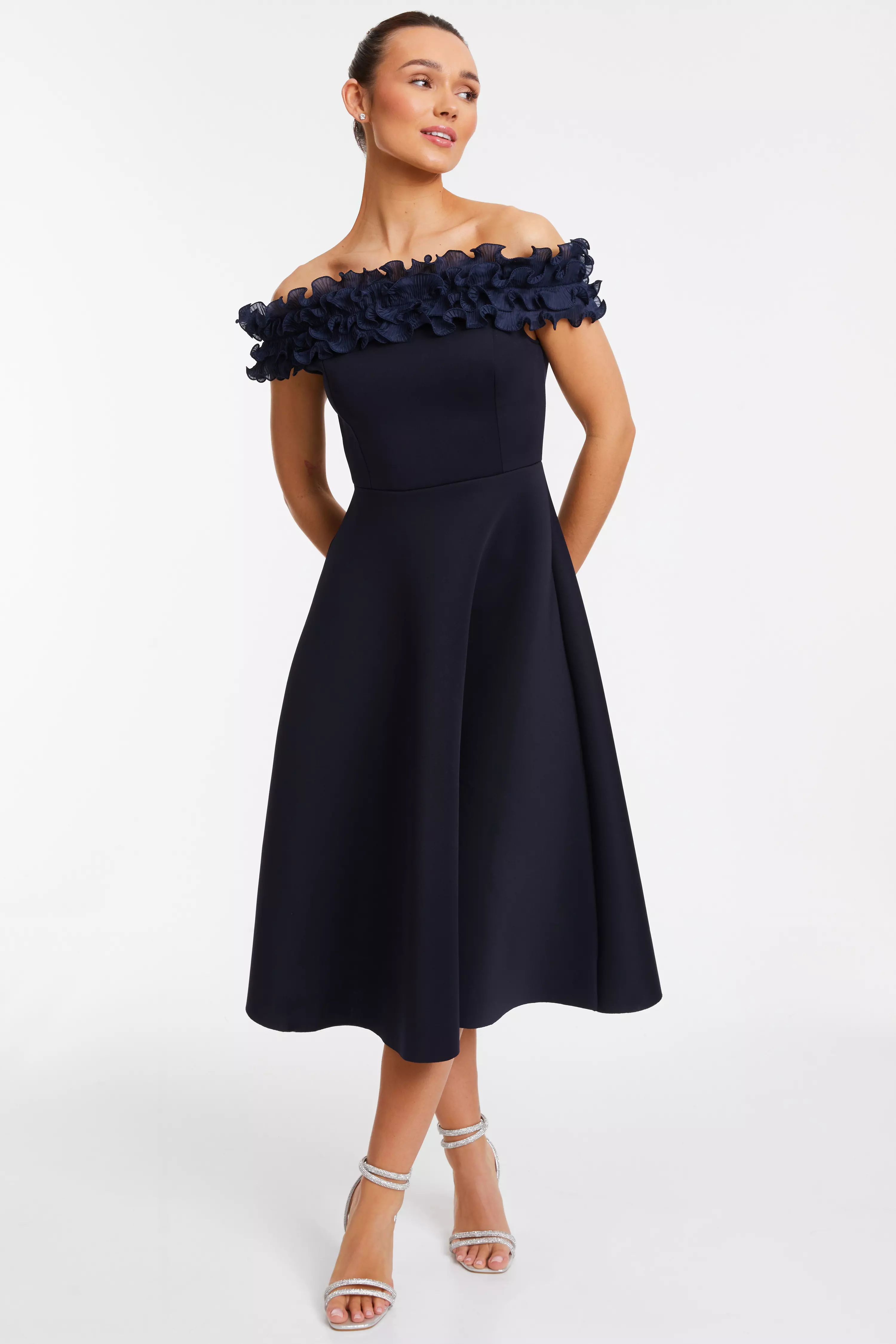 Navy Bardot Ruffle Skater Midi Dress