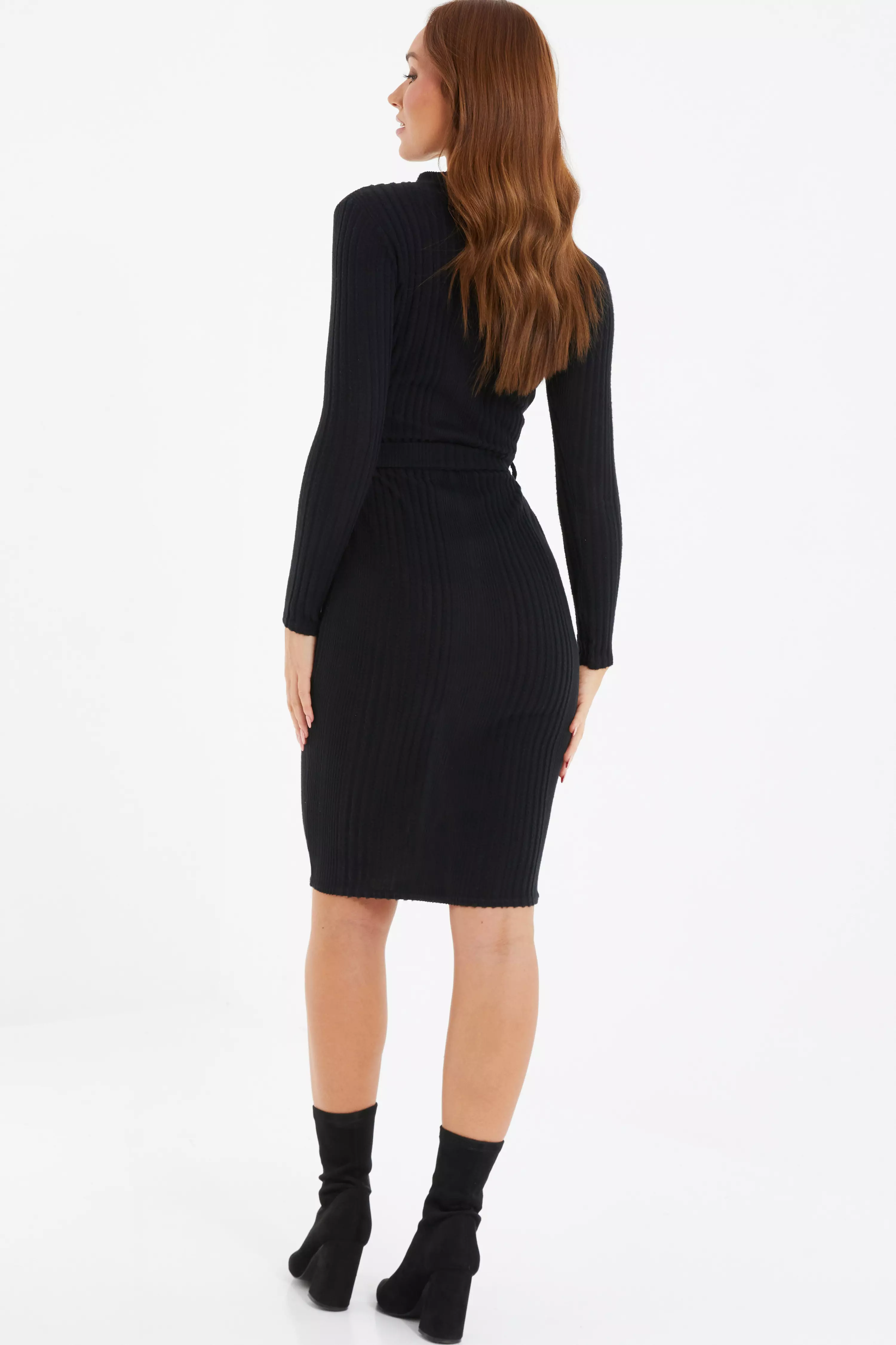 Black Knitted Long Sleeve Midi Dress