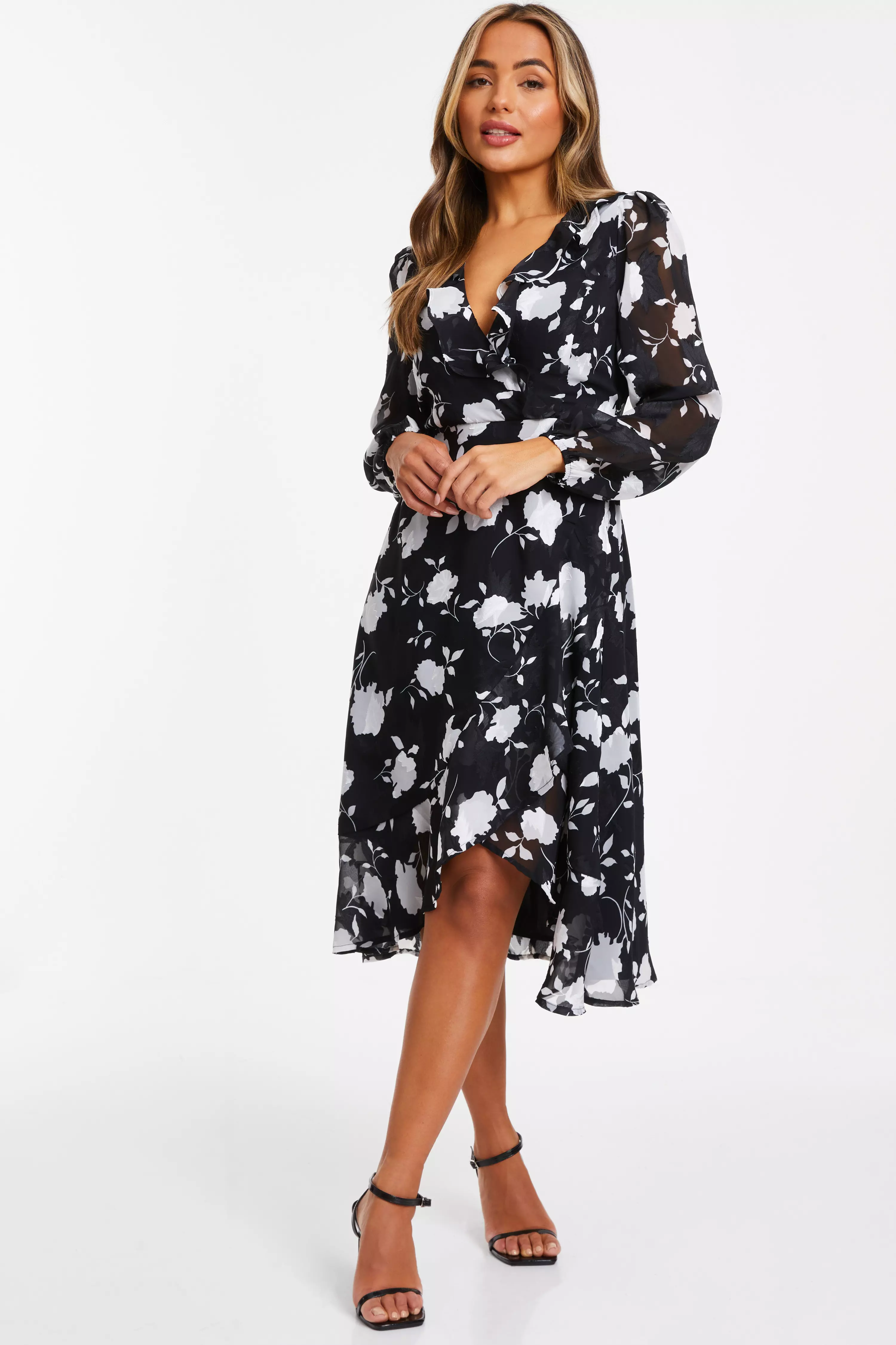 Petite Black Floral Frill Wrap Midi Dress