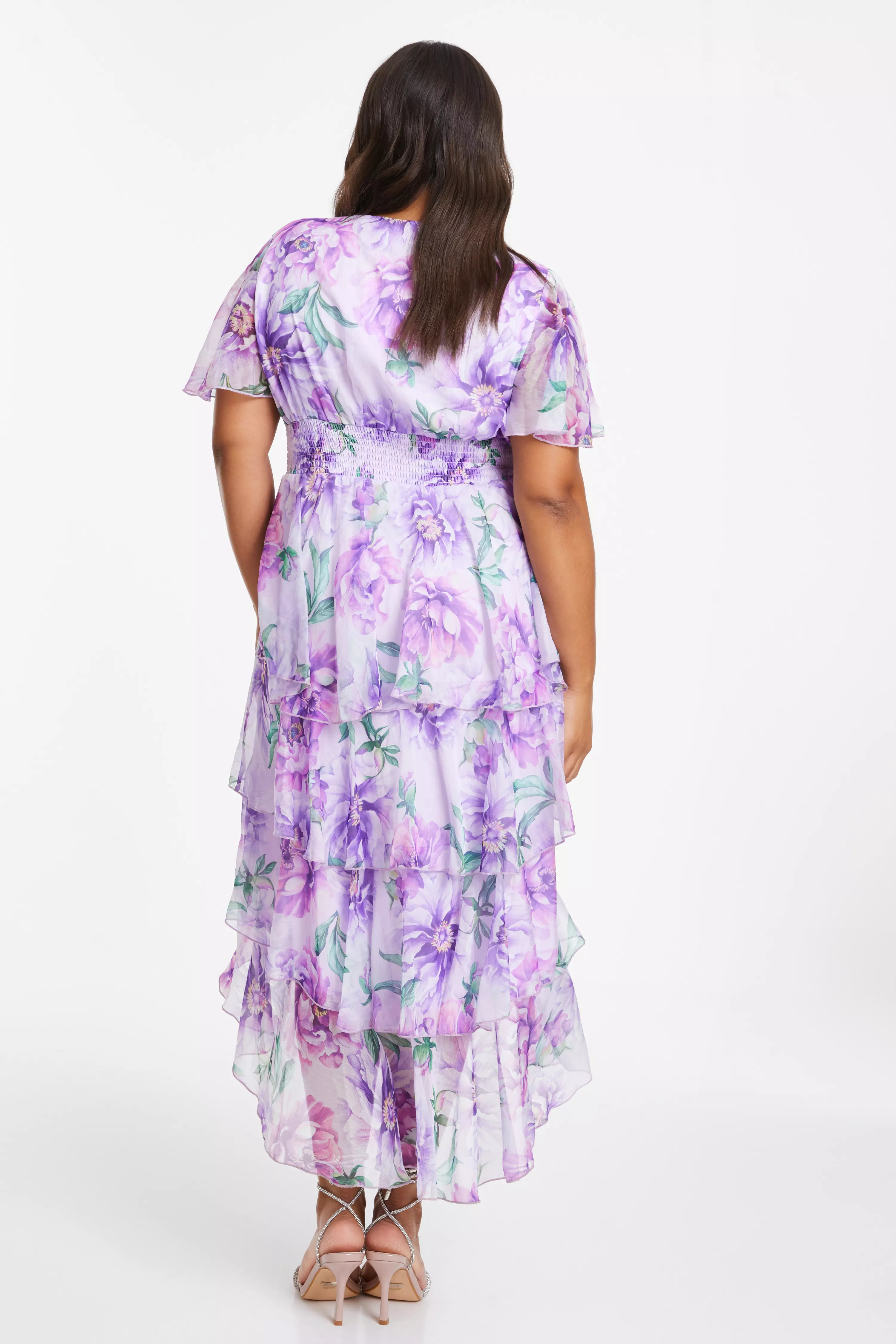 Curve Lilac Floral Dip Hem Tiered Midi Dress