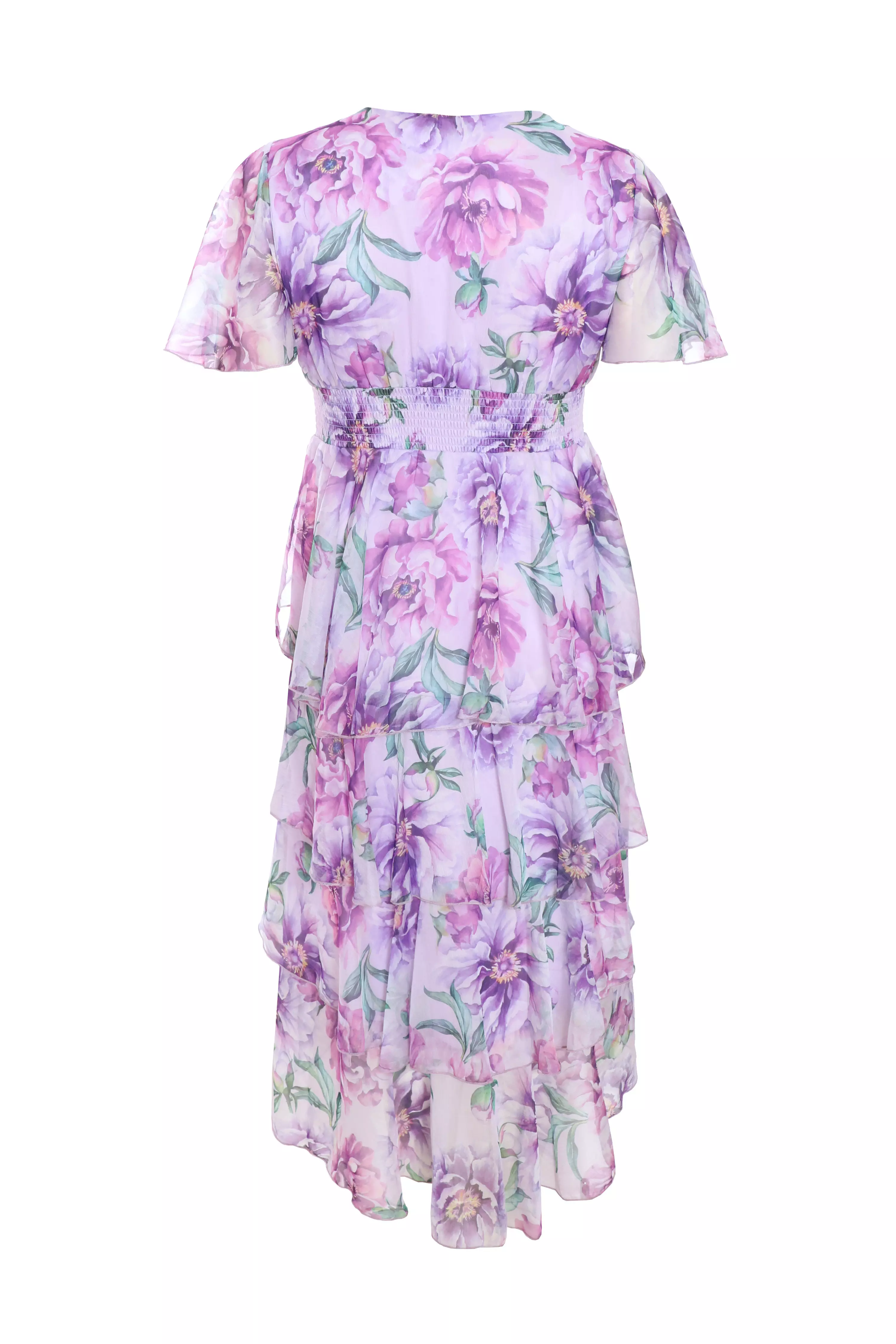 Curve Lilac Floral Dip Hem Tiered Midi Dress