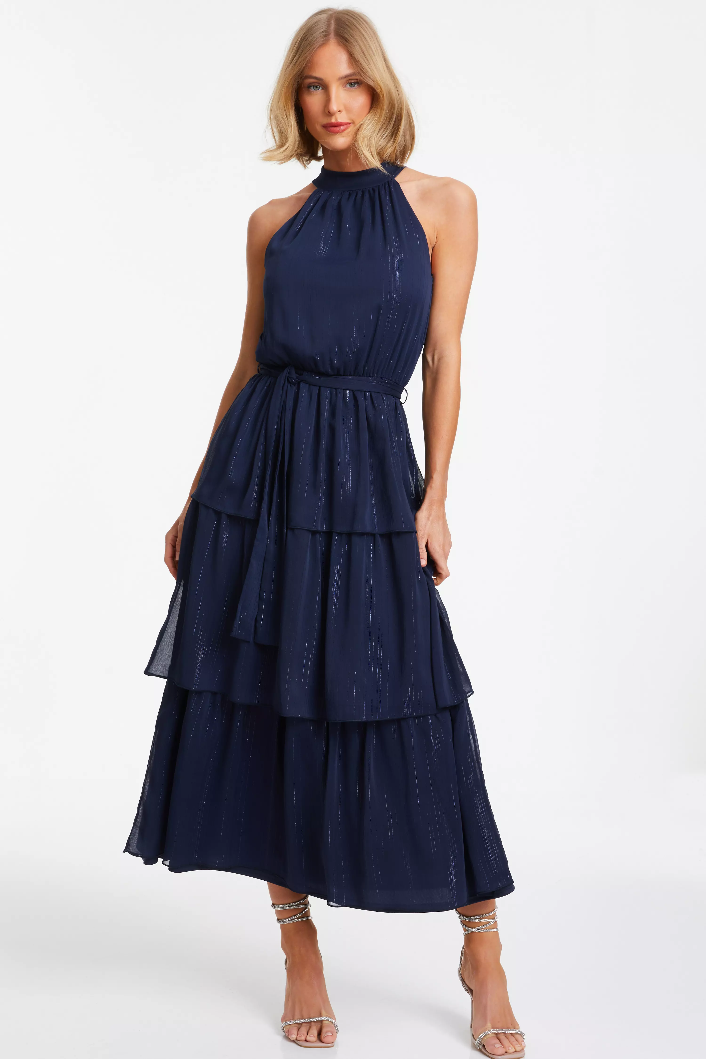 Navy Chiffon High Neck Tiered Midaxi Dress