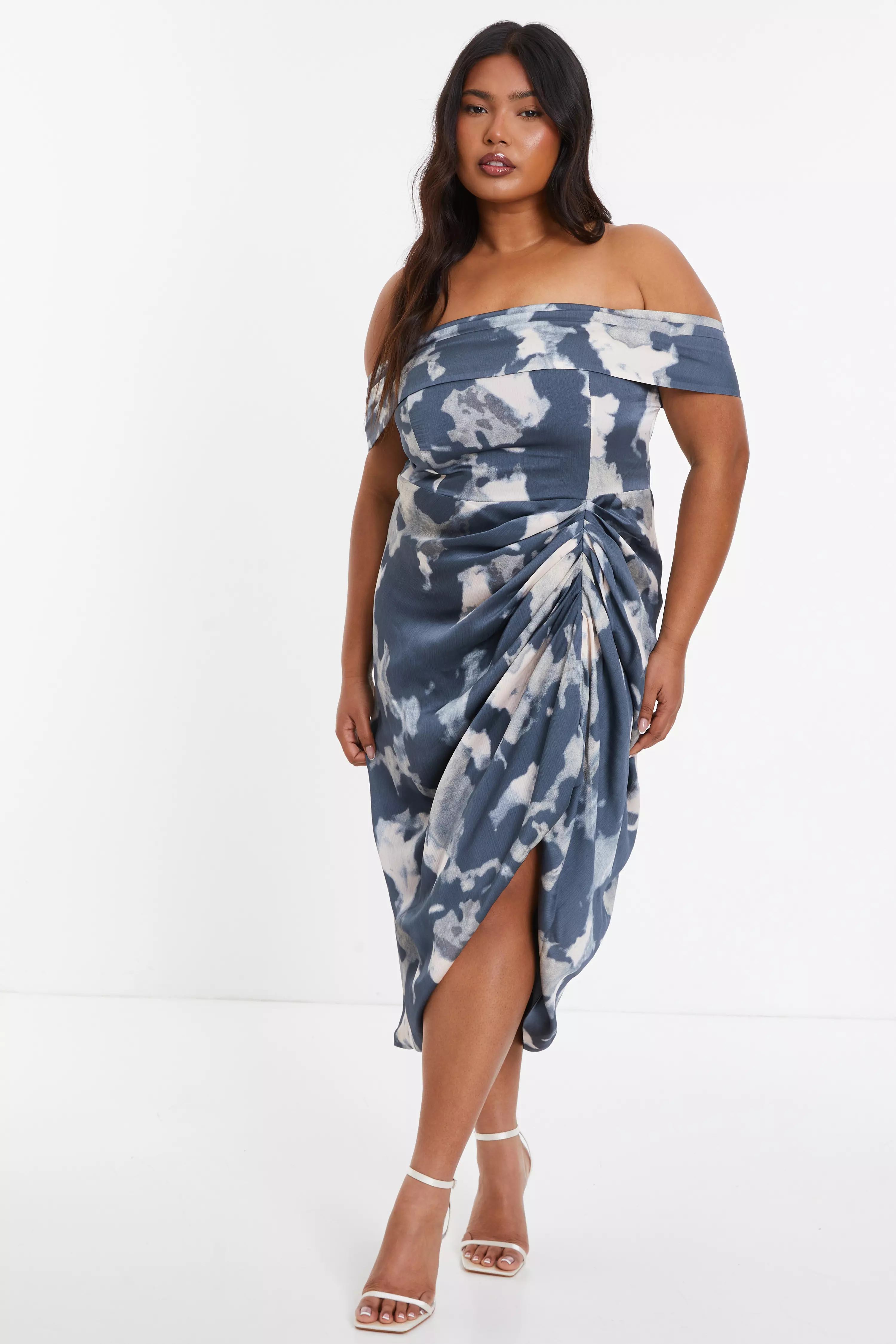 Curve Grey Marble Print Bardot Midi Dress