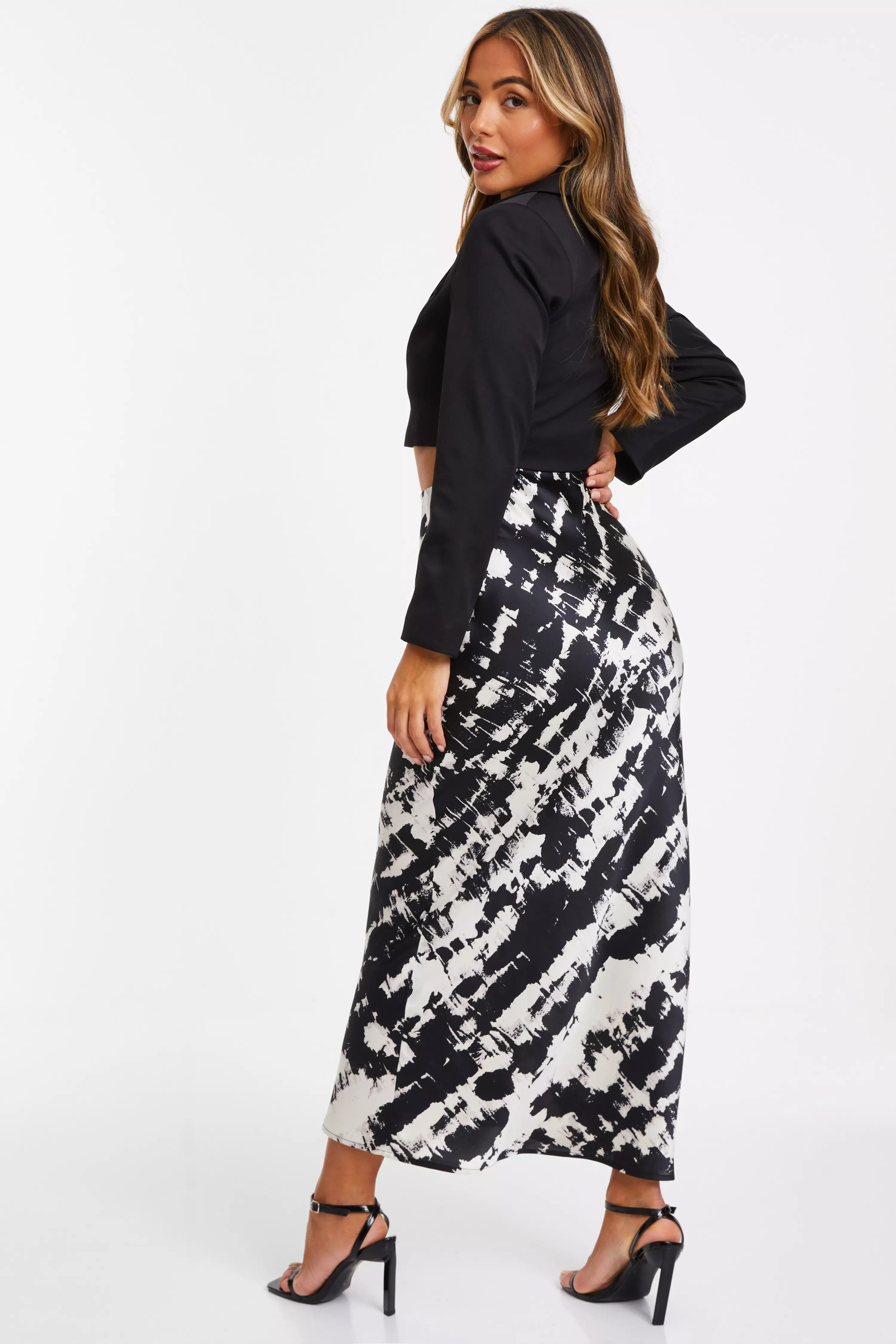 Petite Black Satin Marble Midaxi Skirt