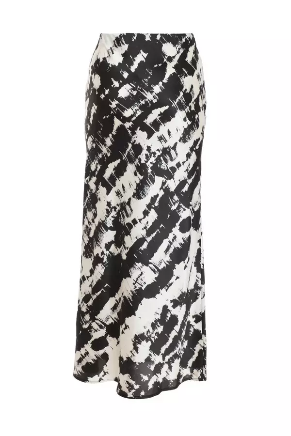 Petite Black Satin Marble Midaxi Skirt