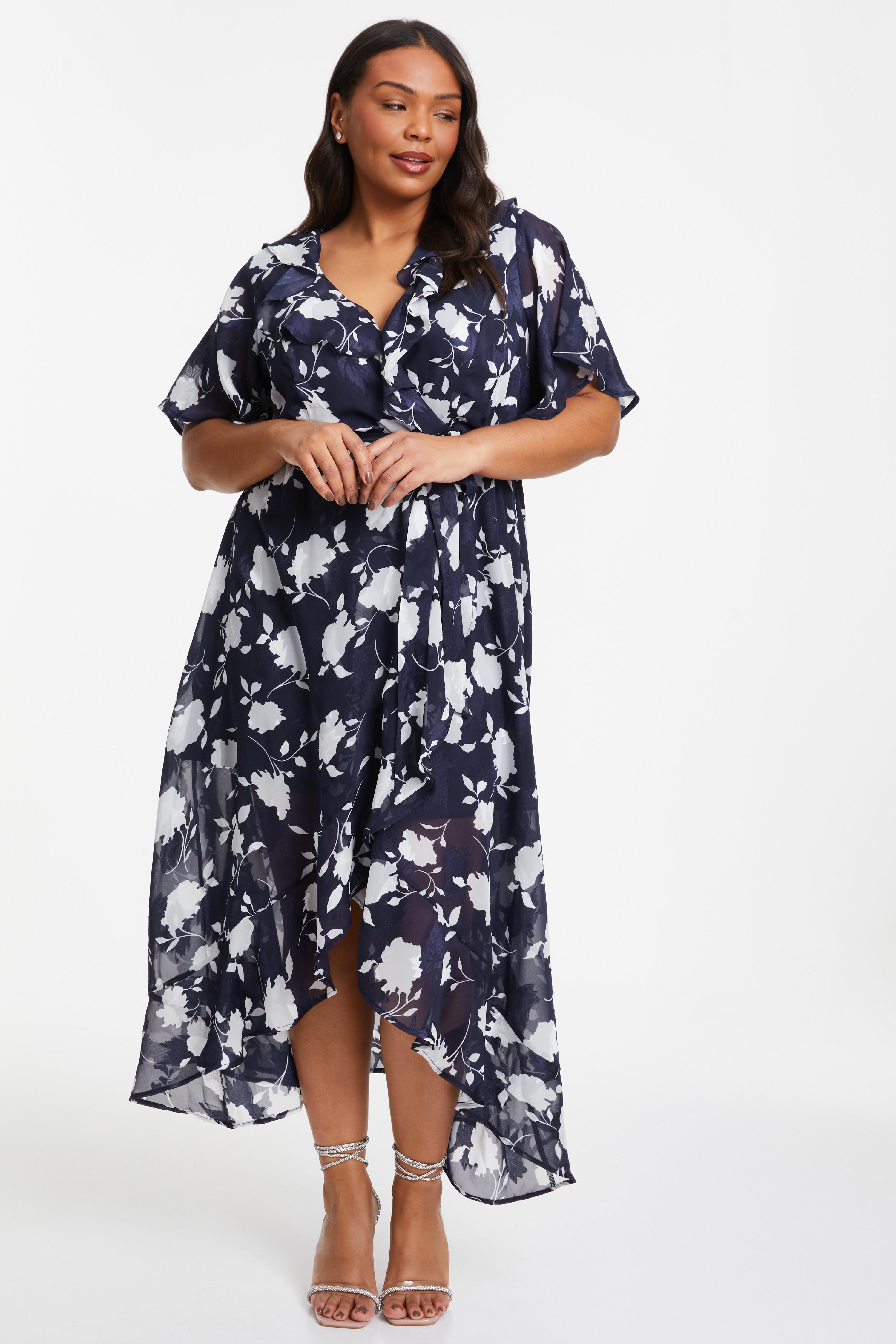 Curve Navy Floral Frill Wrap Midi Dress - QUIZ Clothing