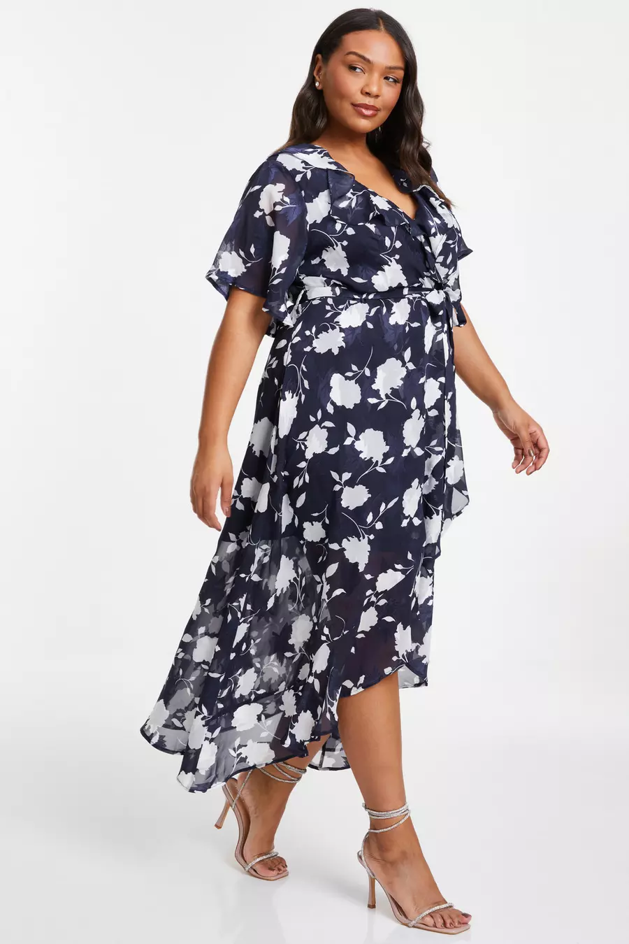 Curve Navy Floral Frill Wrap Midi Dress QUIZ Clothing