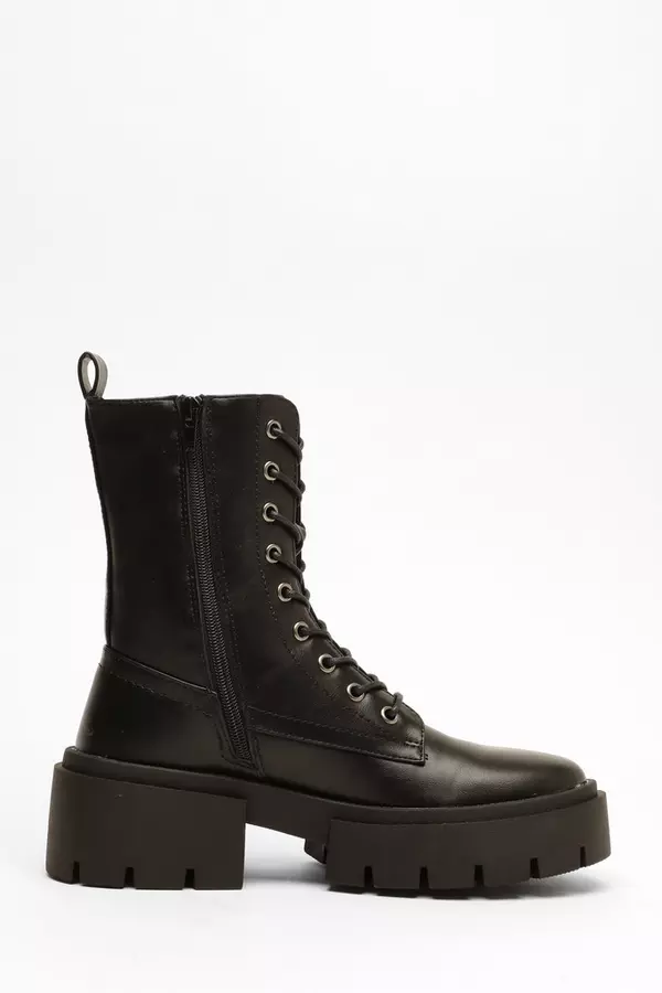 Black Faux Leather Lace Up Ankle Boots