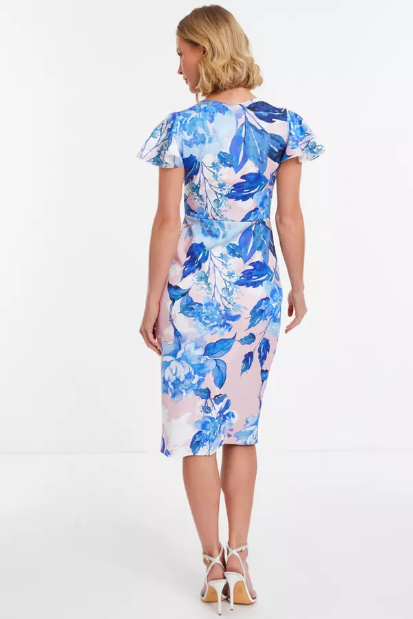 Blue Floral Wrap Midi Dress