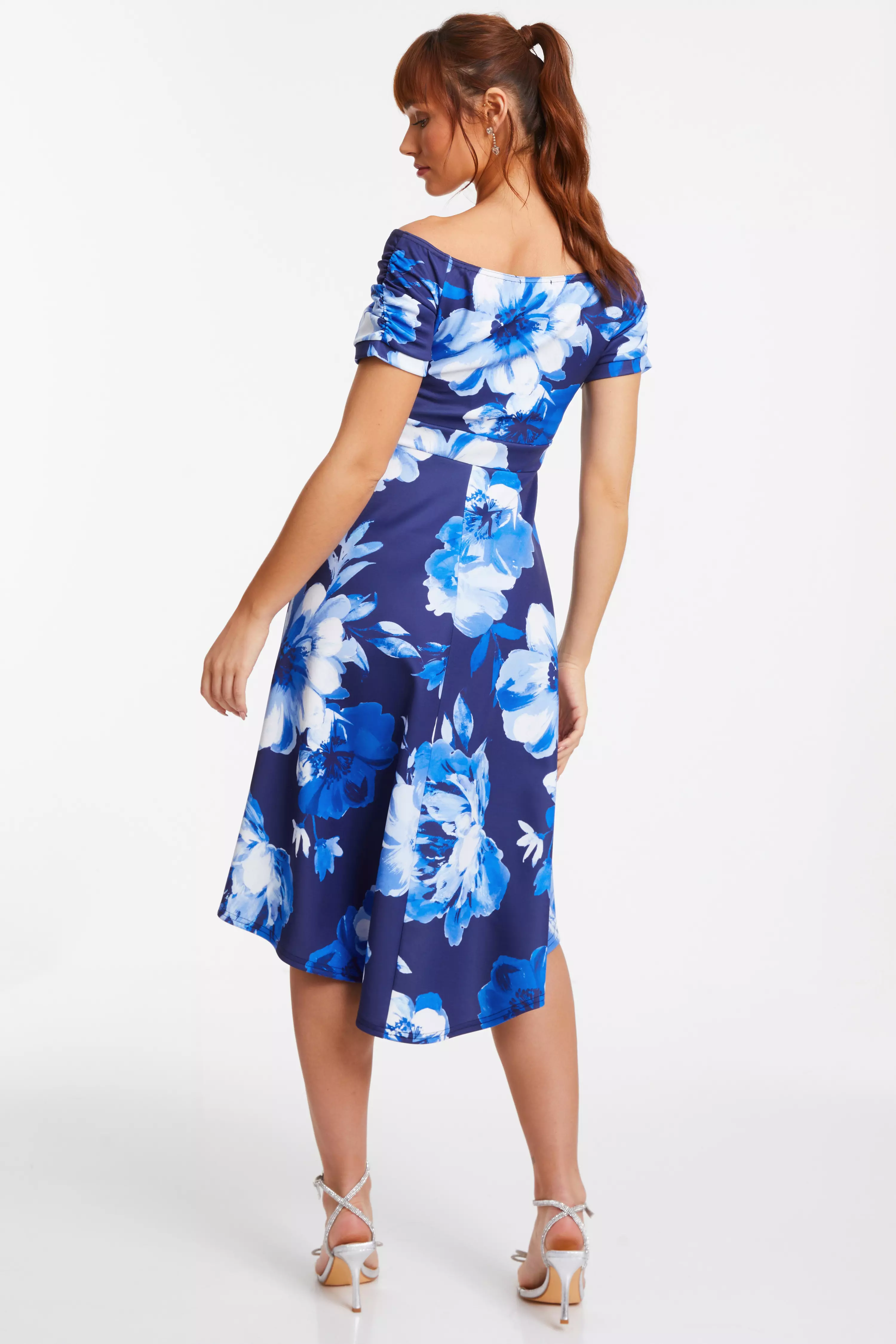 Navy Floral Bardot Dip Hem Midi Dress