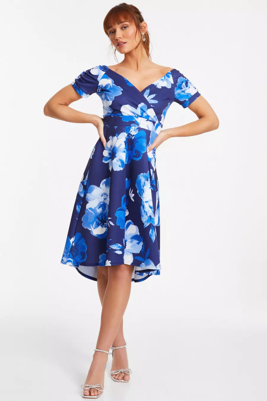 Navy Floral Bardot Dip Hem Midi Dress QUIZ Clothing