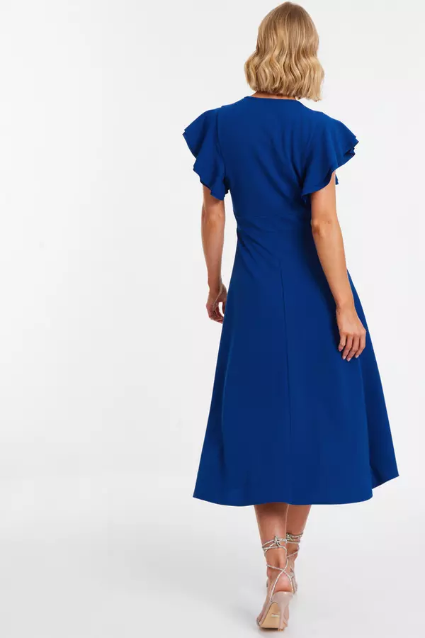 Royal Blue Wrap Frill Sleeve Midi Dress