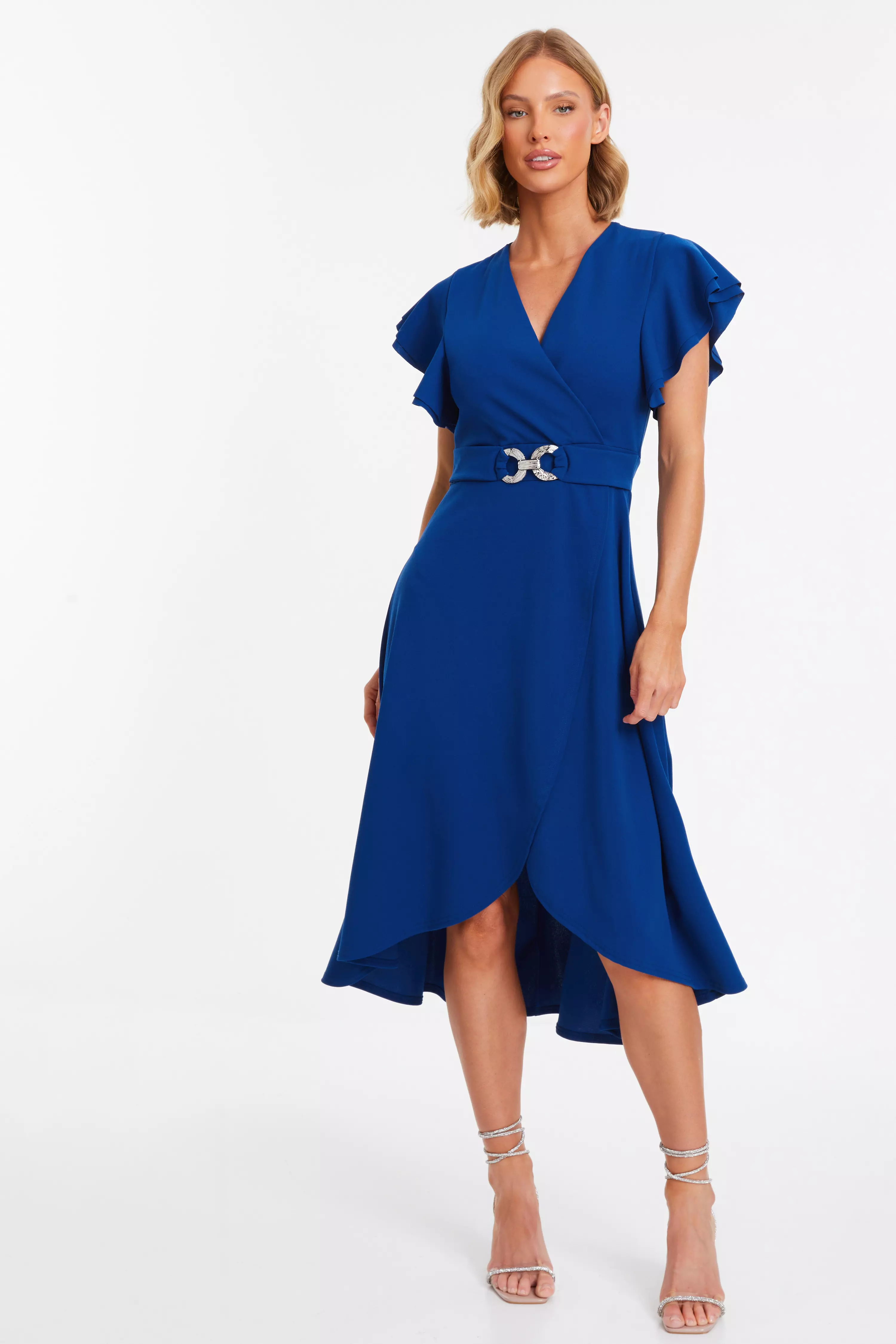 Royal Blue Wrap Frill Sleeve Midi Dress