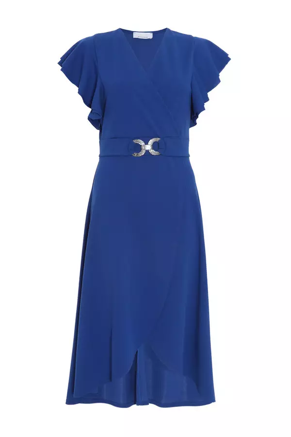 Royal Blue Wrap Frill Sleeve Midi Dress