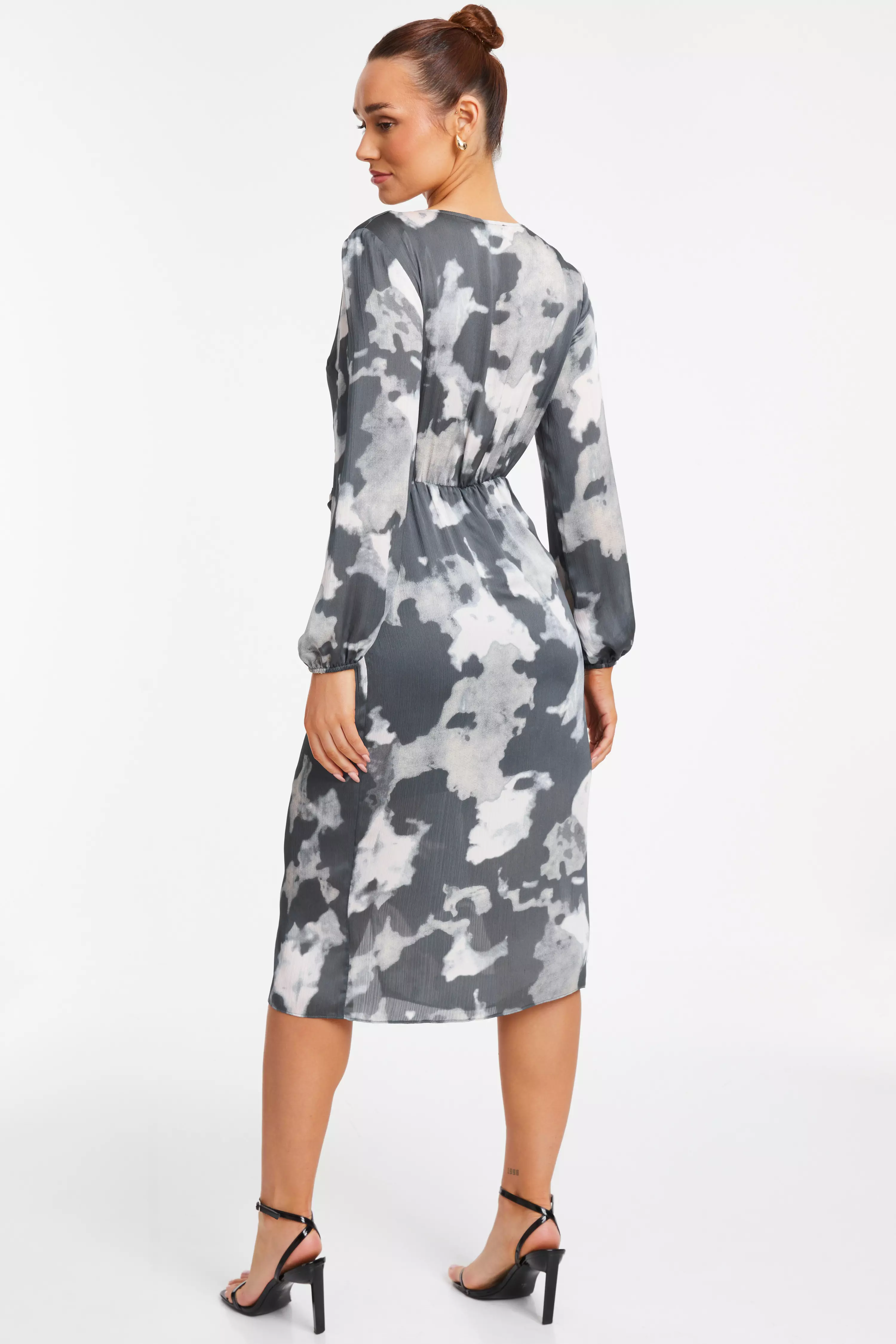 Grey Smudge Print Wrap Midi Dress