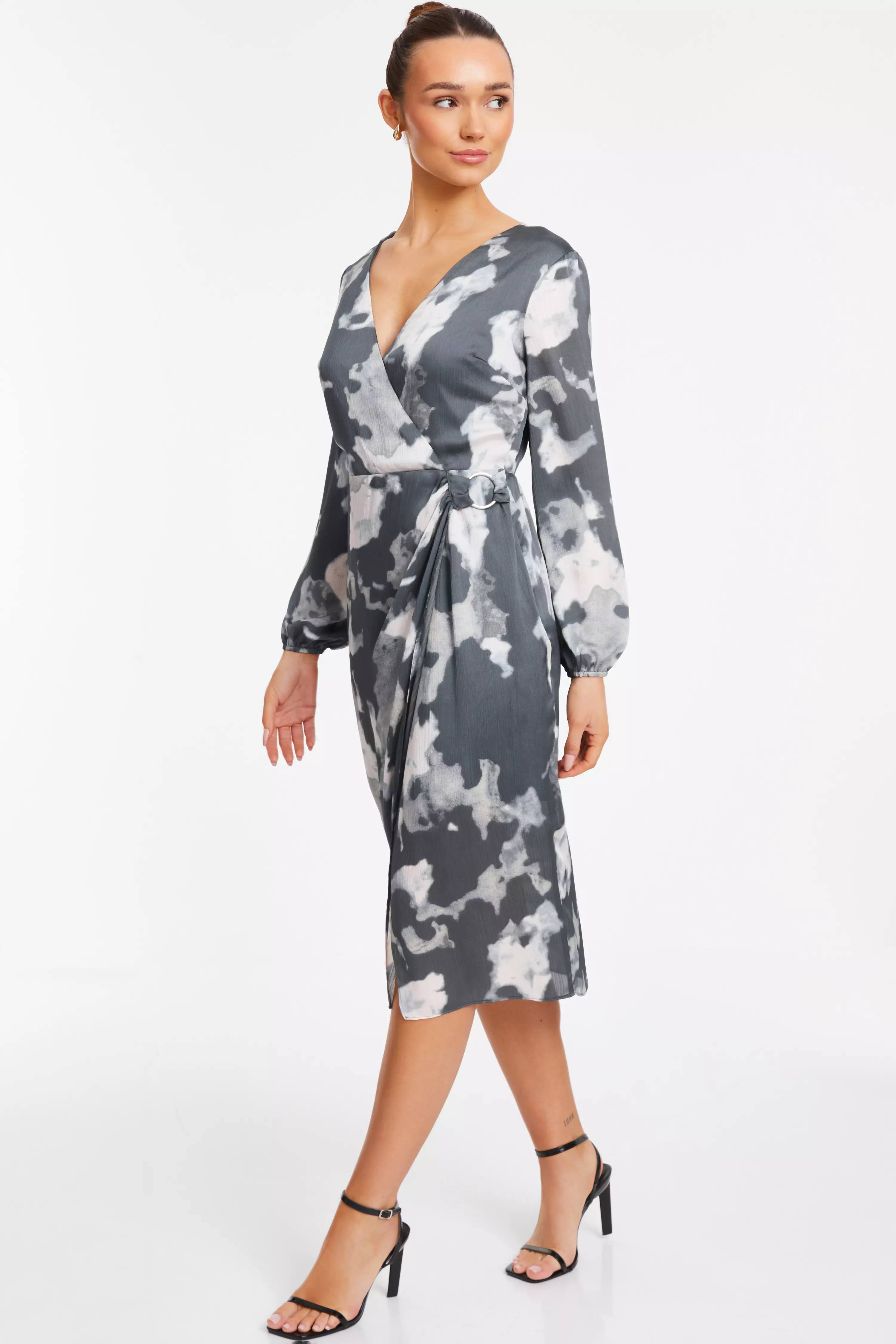 Grey Smudge Print Wrap Midi Dress