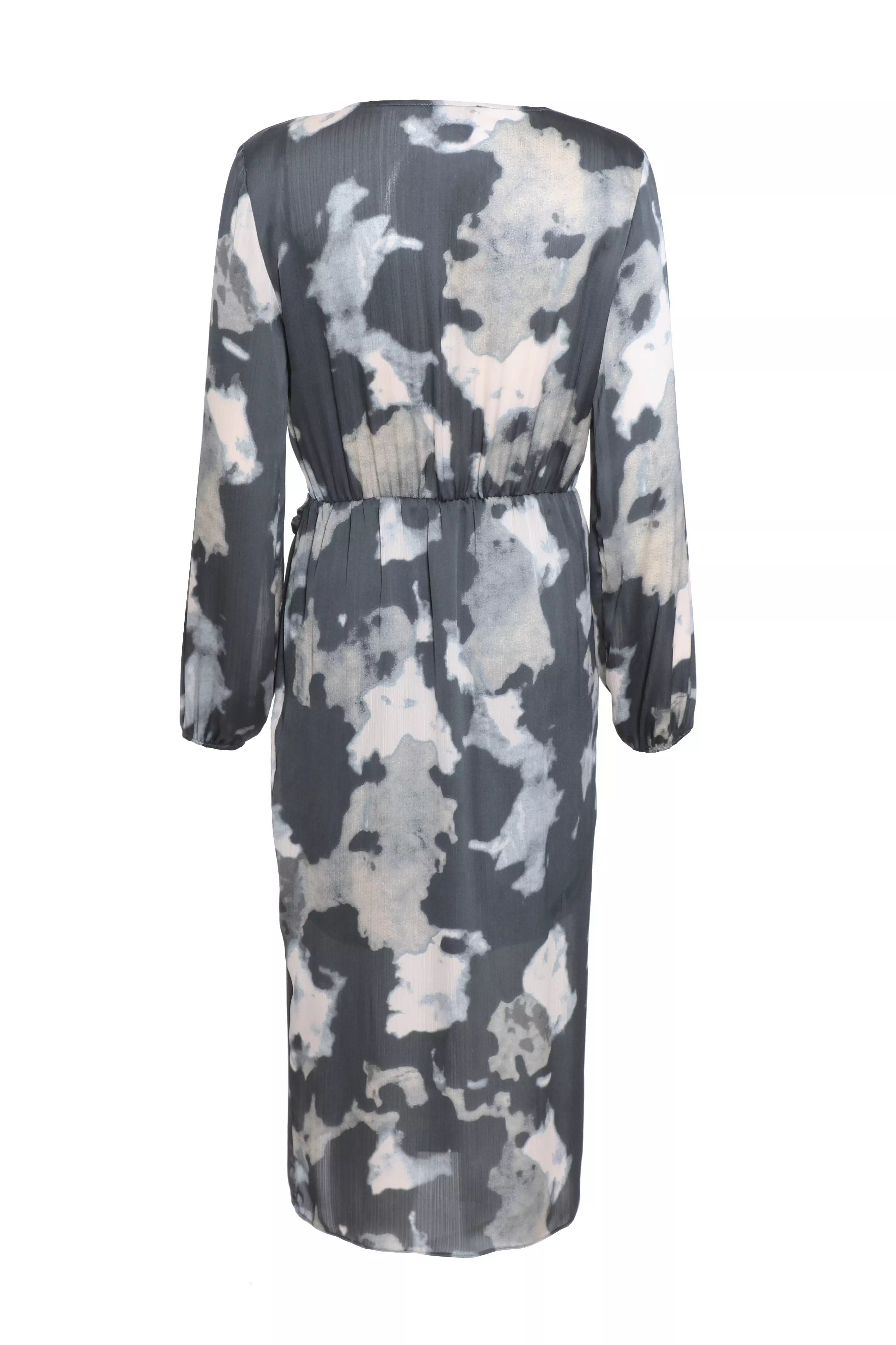 Grey Smudge Print Wrap Midi Dress